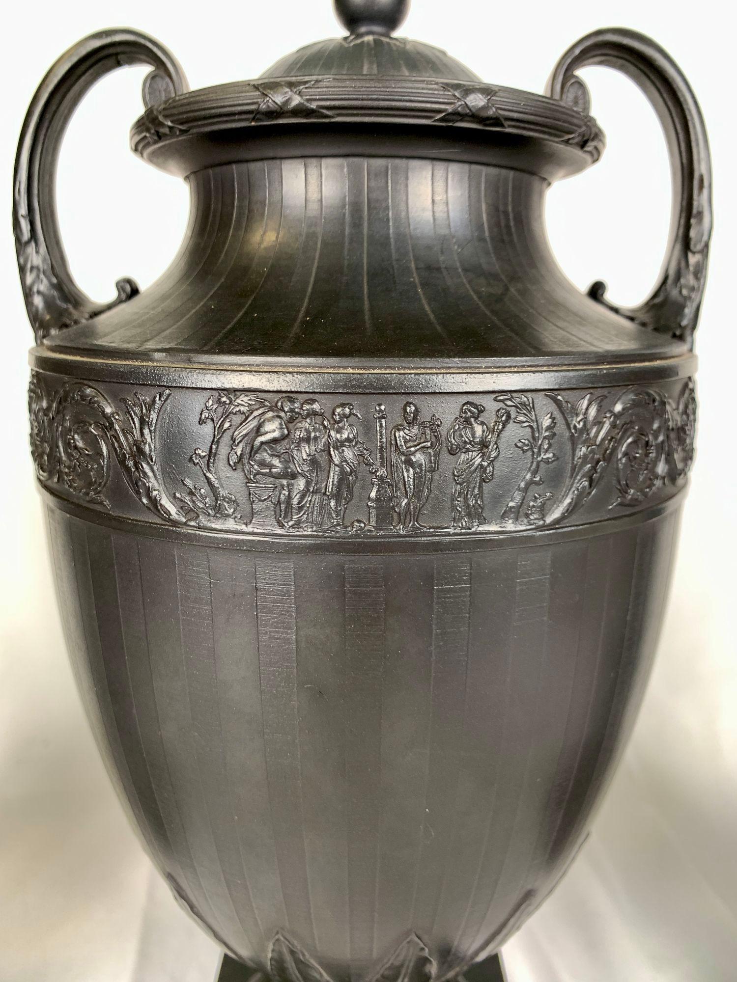 19th Century Pair Antique Wedgwood Black Basalt Griffins Flank a Wedgwood Black Basalt Jar