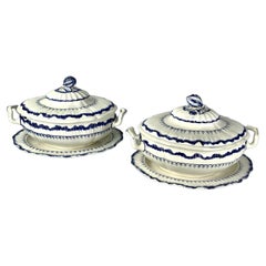 Pair Antique Wedgwood Blue and White Soup Tureens Mared Pattern Circa 1840