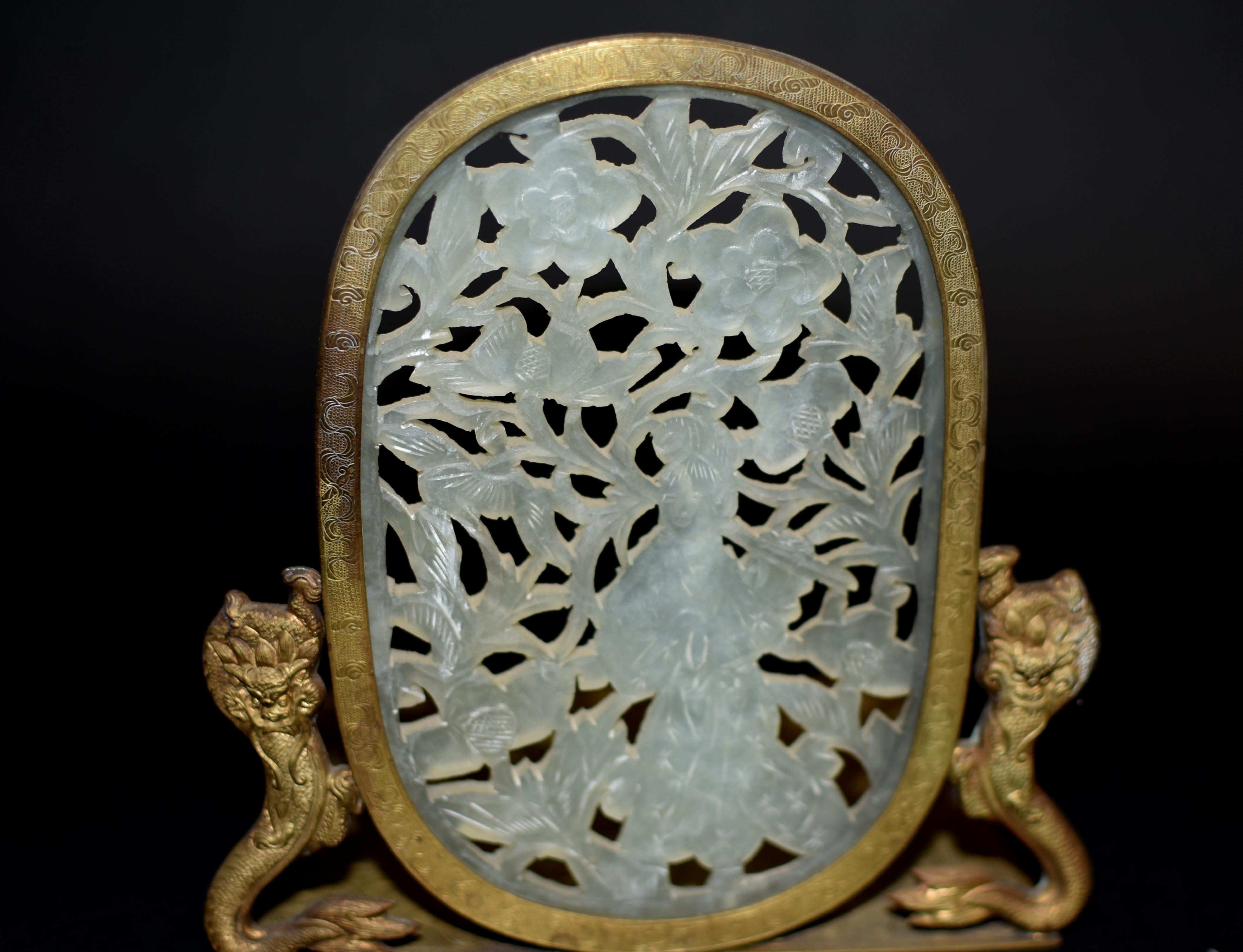 Pair Chinse Antique White Jade Bookends Engraved Solid Brass 7
