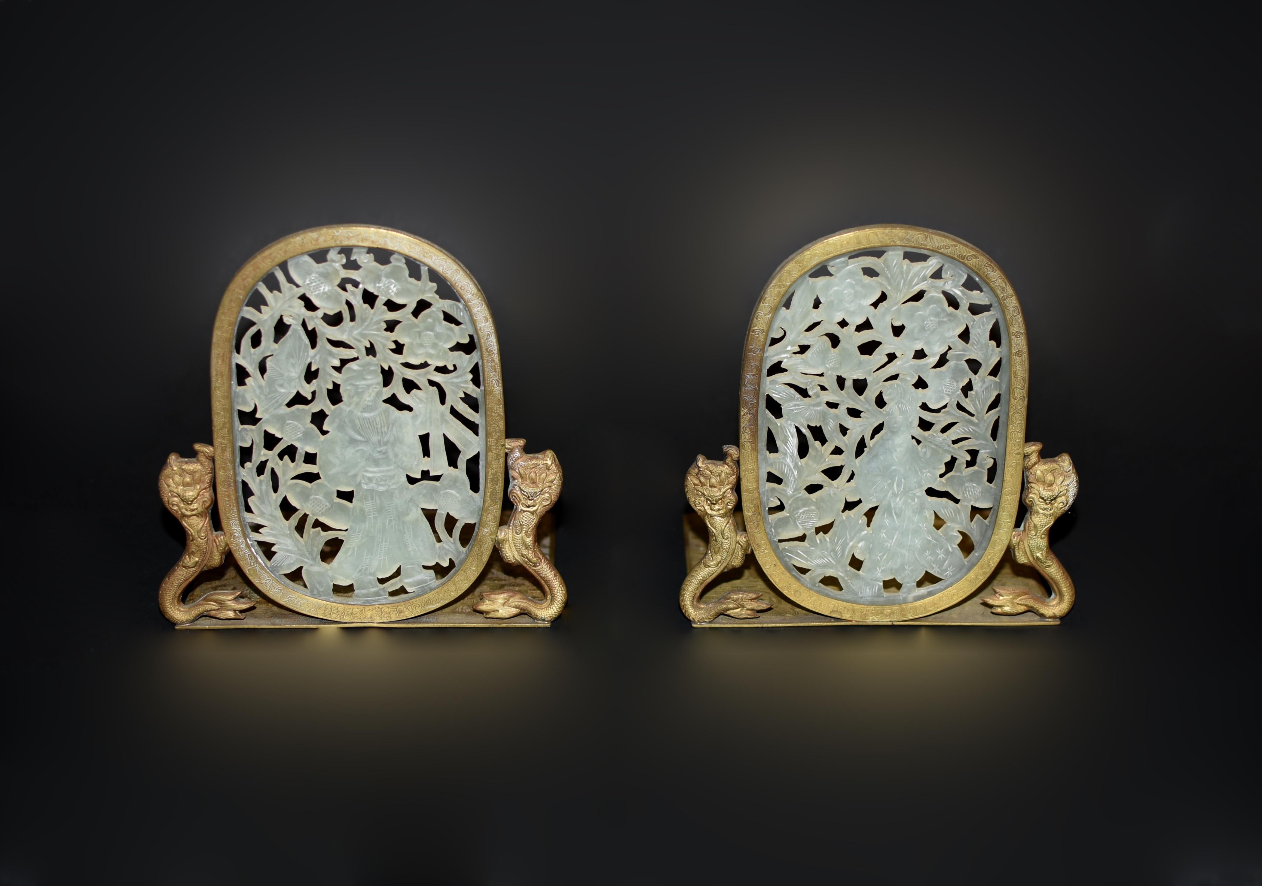 Pair Chinse Antique White Jade Bookends Engraved Solid Brass In Good Condition In Somis, CA