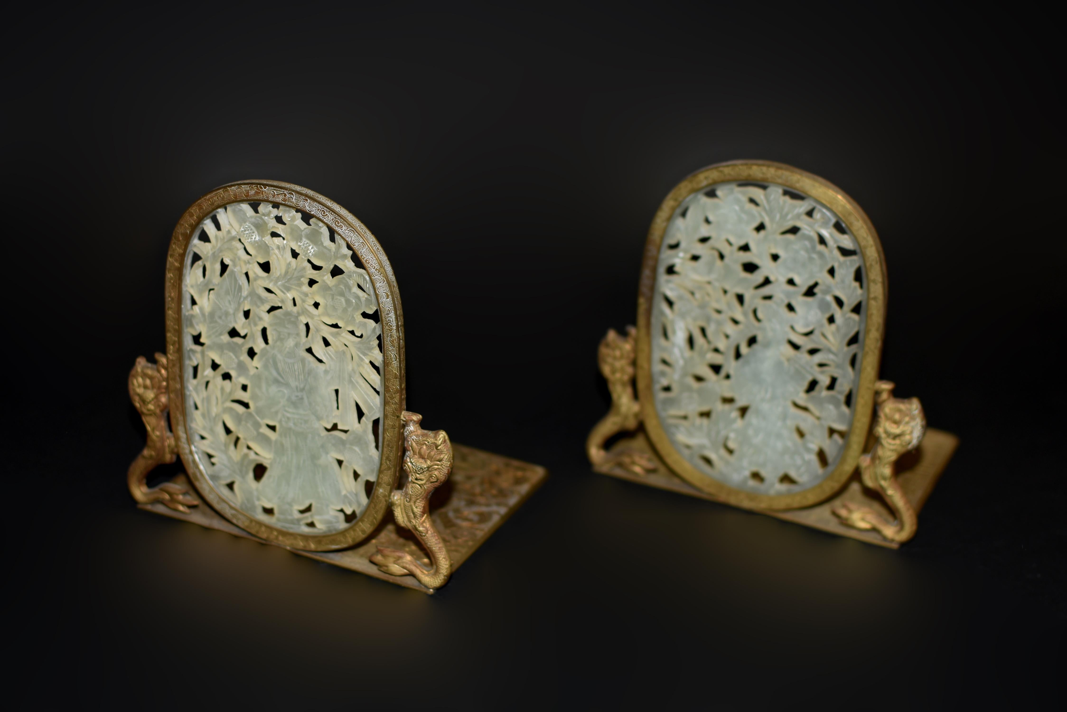Pair Chinse Antique White Jade Bookends Engraved Solid Brass 2