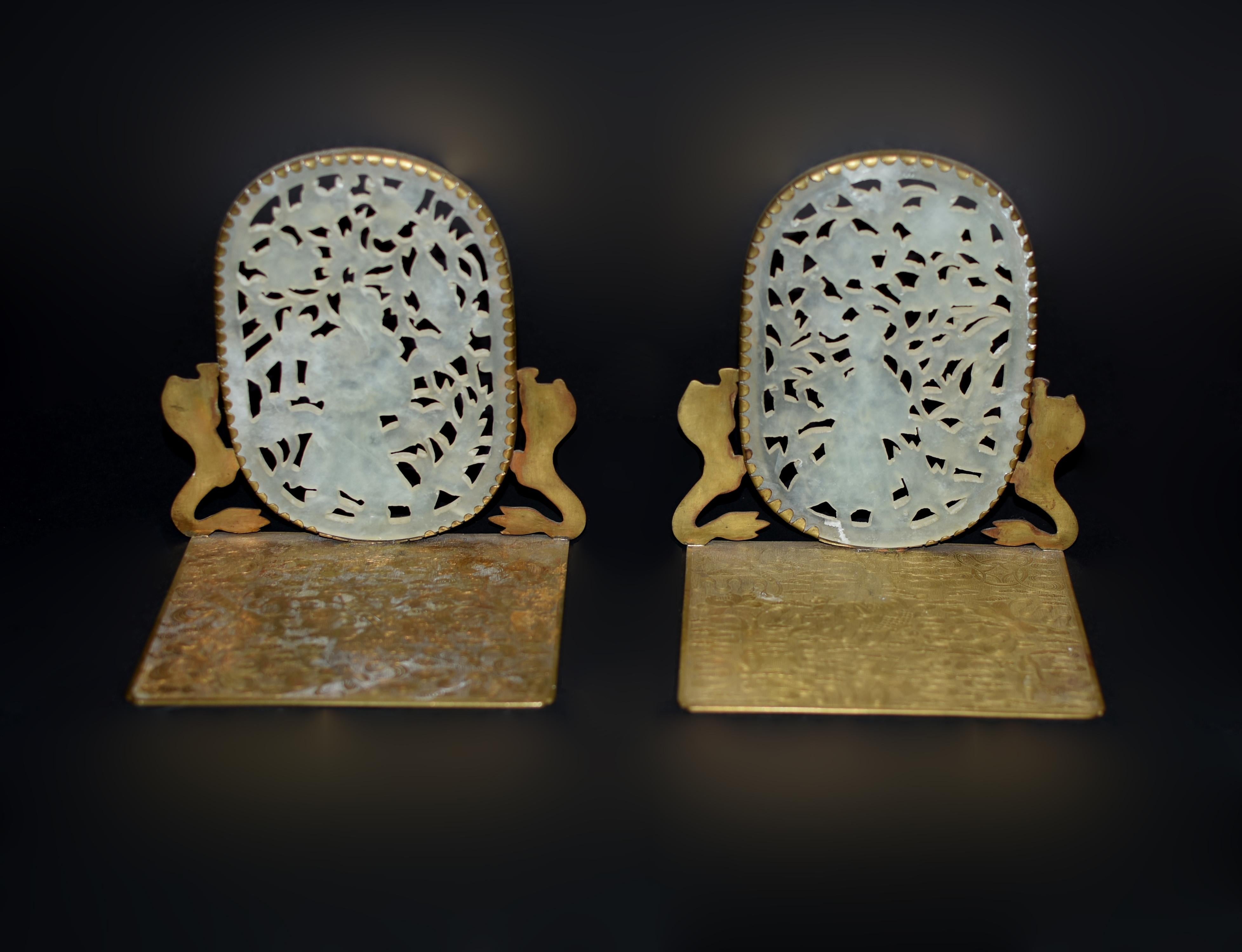 Pair Chinse Antique White Jade Bookends Engraved Solid Brass 5