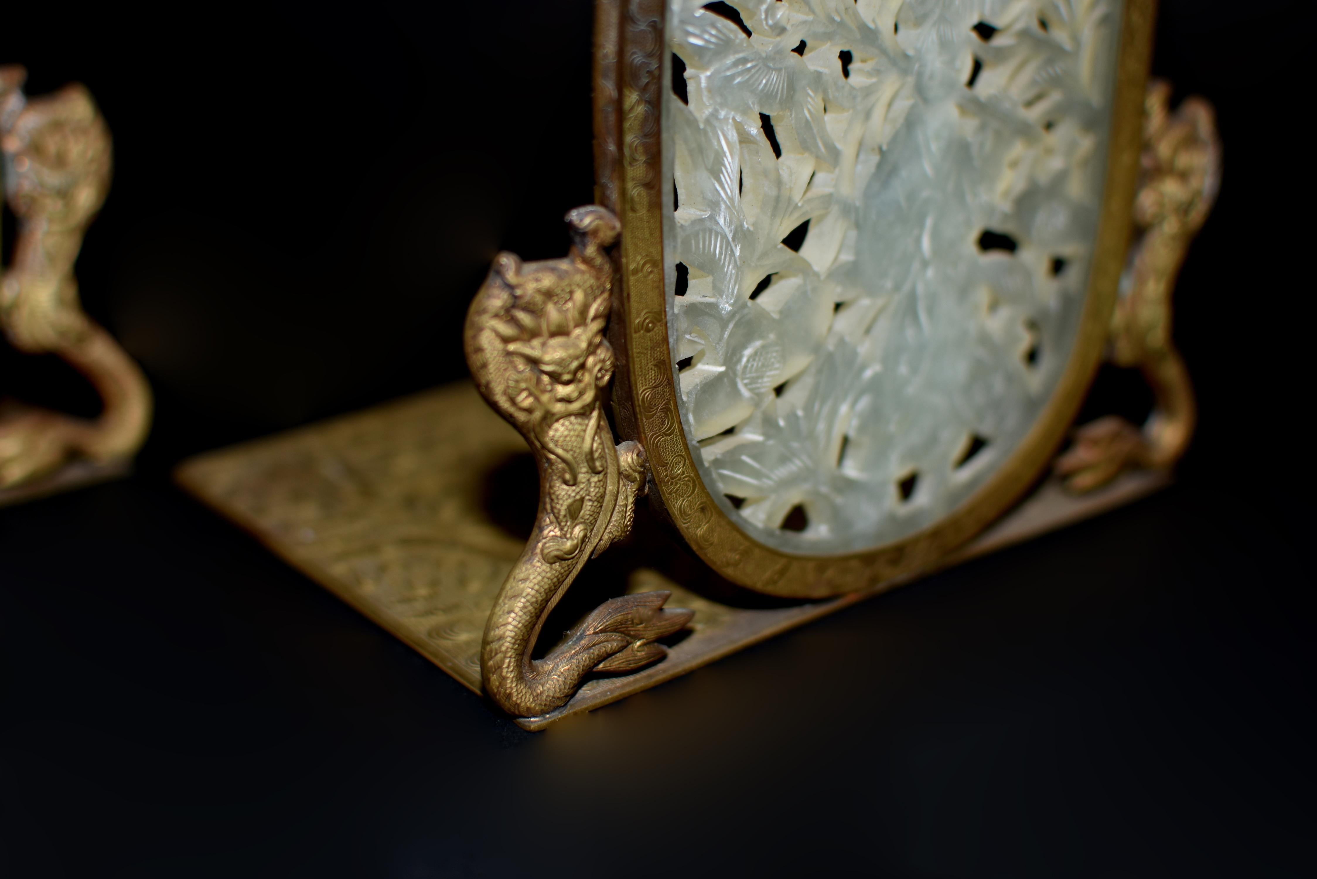Pair Chinse Antique White Jade Bookends Engraved Solid Brass 6