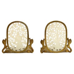 Pair Chinse Antique White Jade Bookends Engraved Solid Brass