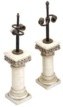 Pair Antique White Marble Column Form Table Lamps