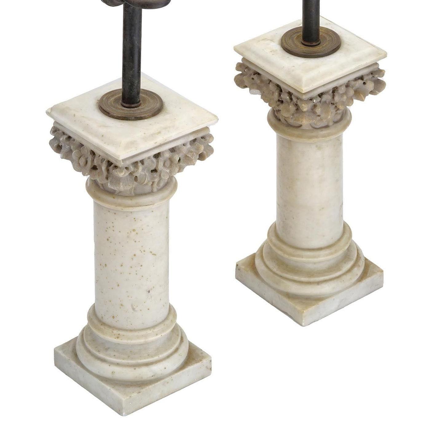 Italian Pair Antique White Marble Column Form Table Lamps For Sale