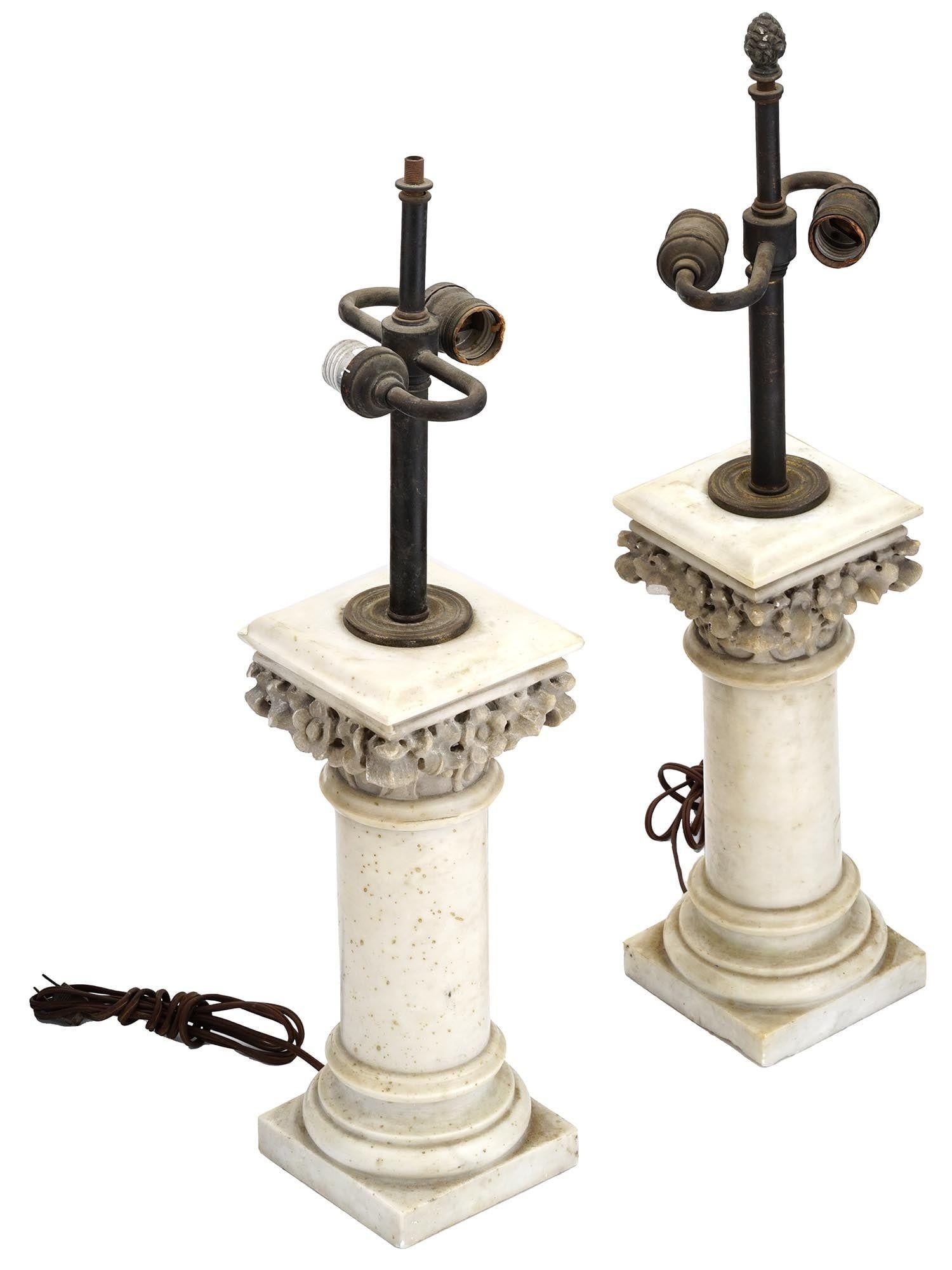 Pair Antique White Marble Column Form Table Lamps For Sale 2