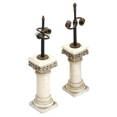 Pair Antique White Marble Column Form Table Lamps