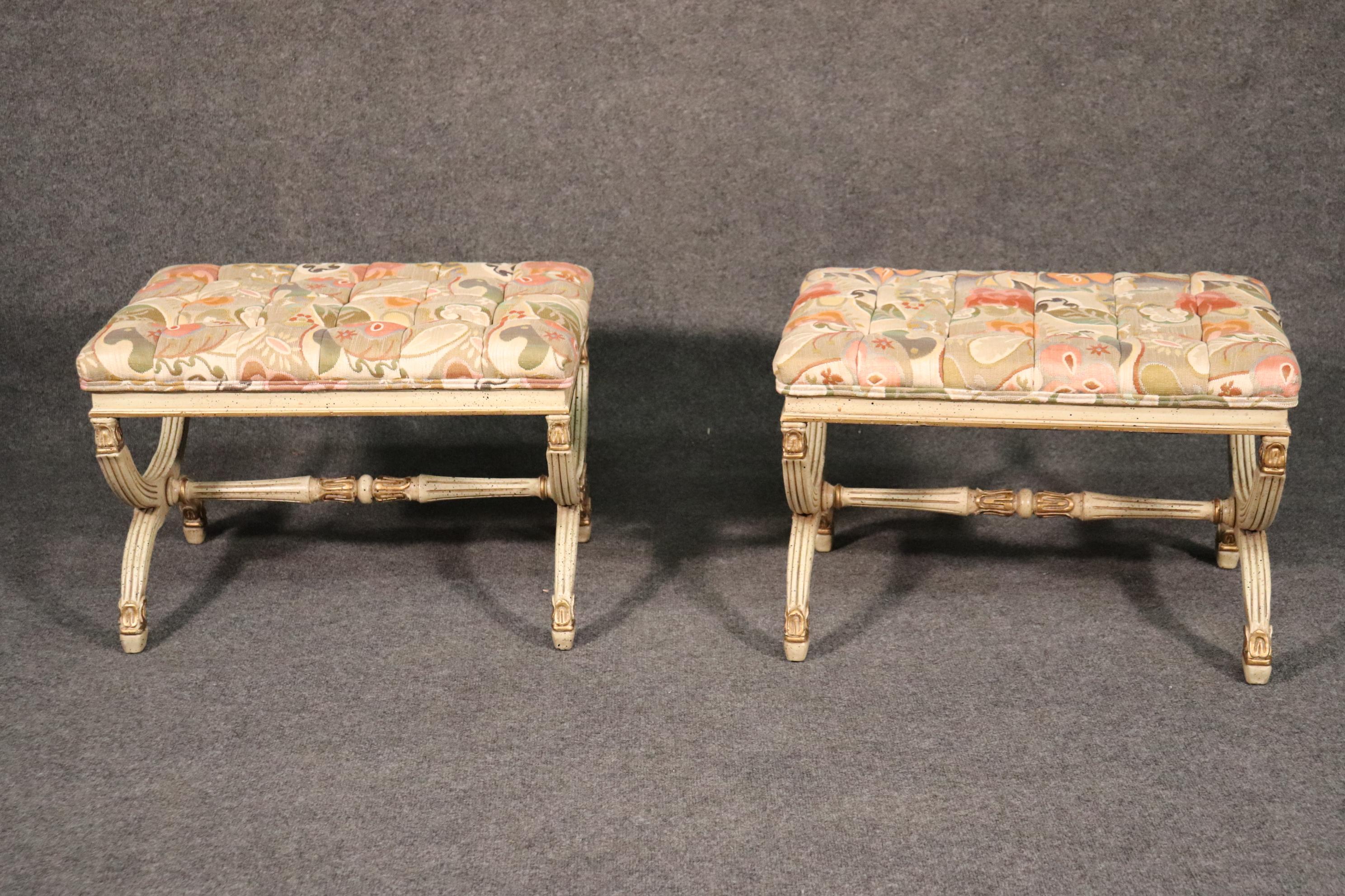 Pair of Antique White Painted Louis XVI Style Ottomans Benches Stools circa 1950 3