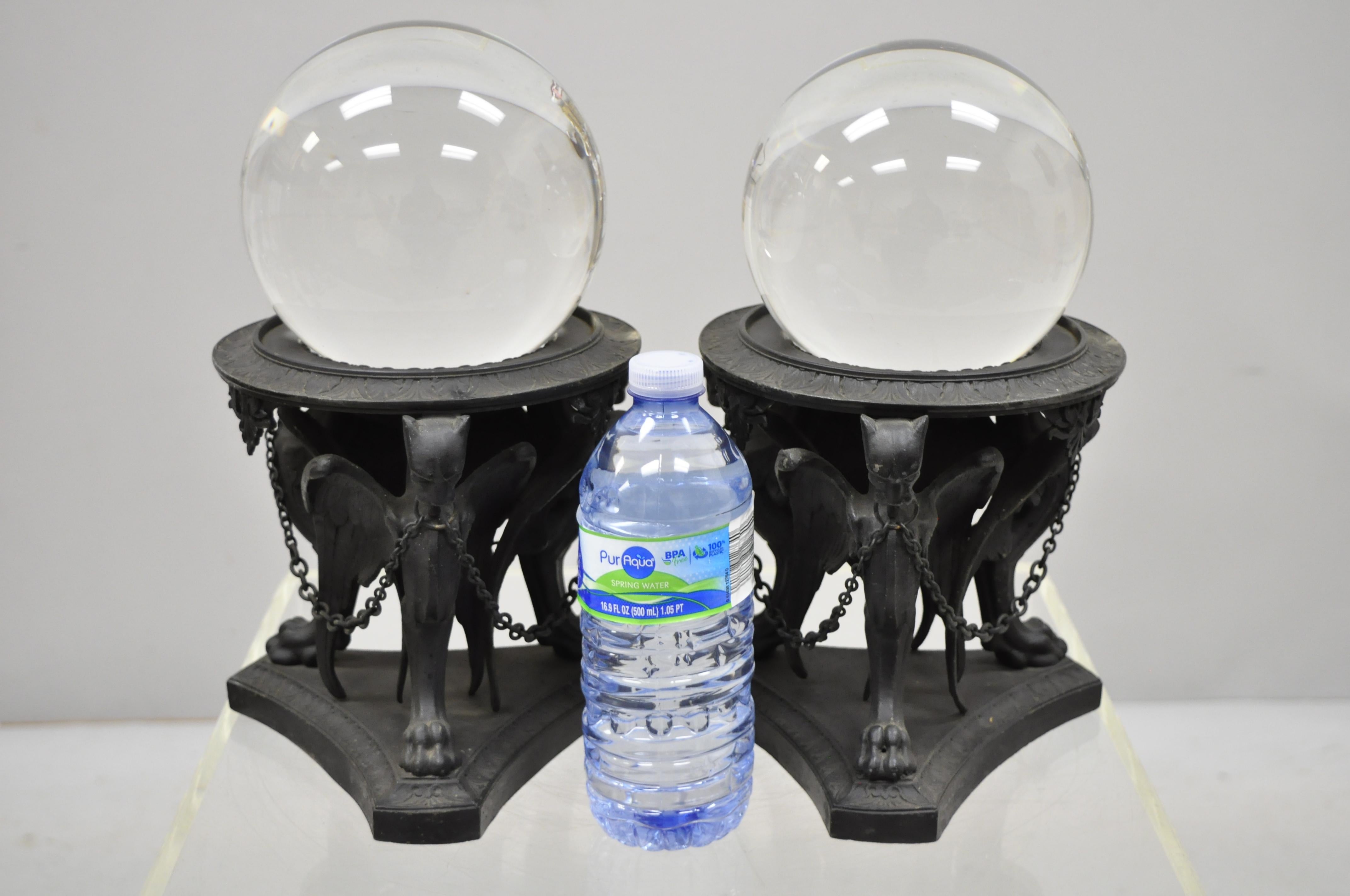 Glass Pair of Winged Griffin Dragon Spelter Metal Base Large Crystal Ball Stands