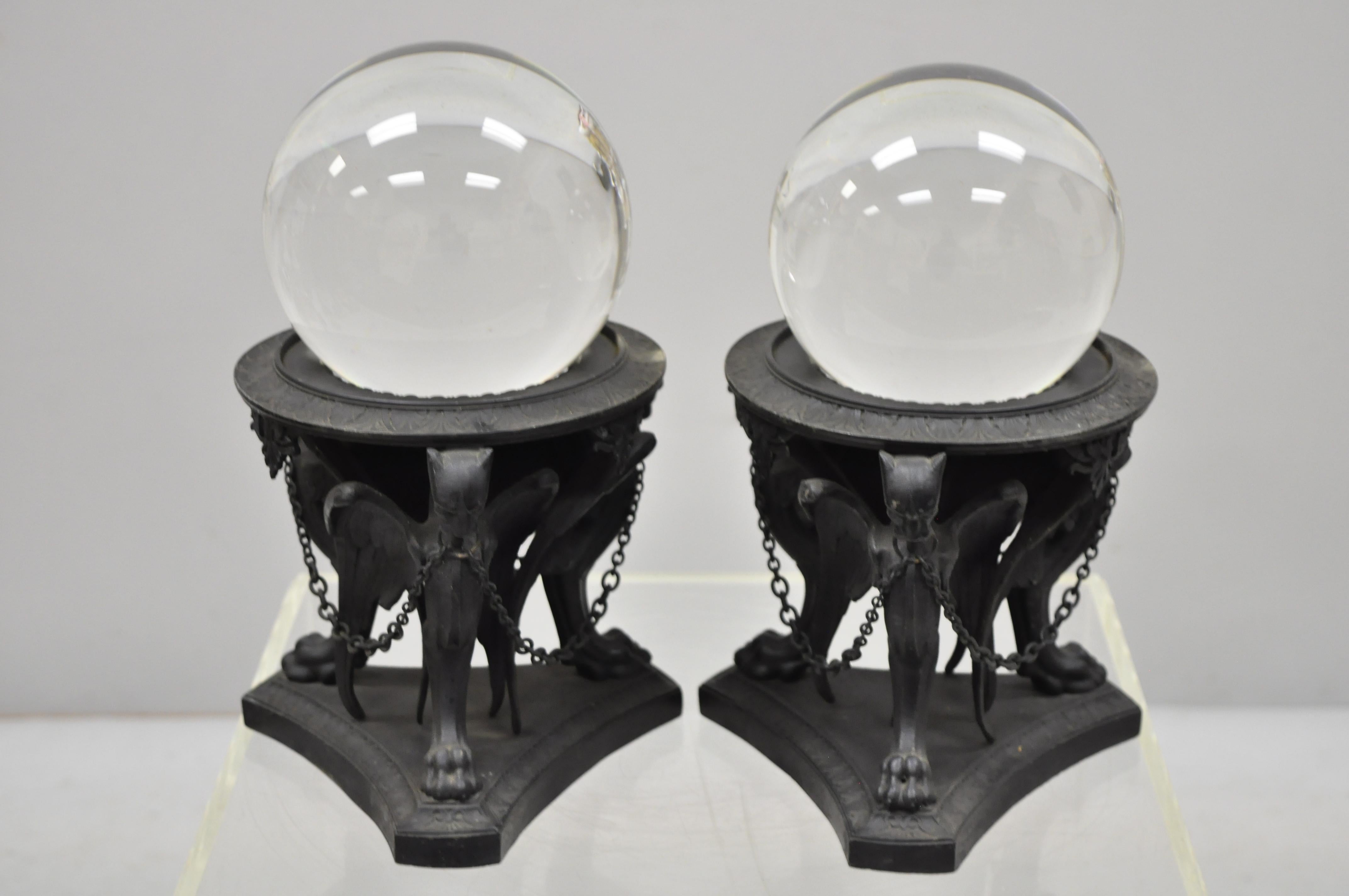 Pair of Winged Griffin Dragon Spelter Metal Base Large Crystal Ball Stands 2