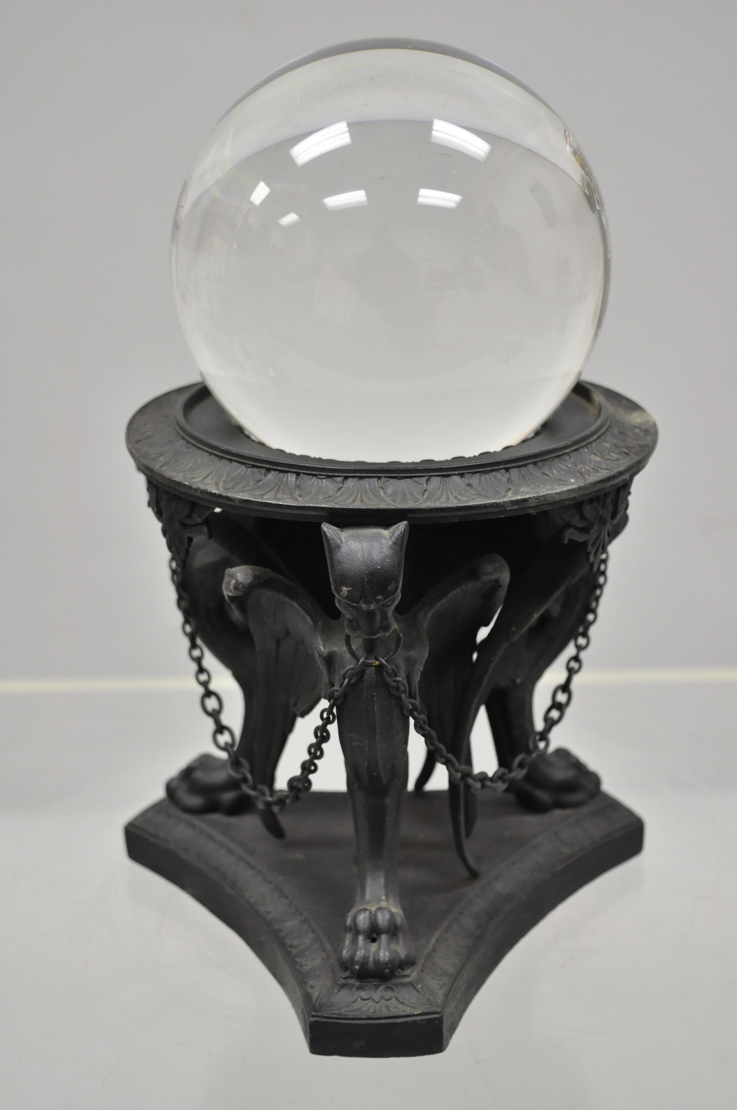 Pair of antique winged griffin dragon spelter metal base large crystal ball stands. Pair includes winged griffin pedestals, draped chain, heavy crystal glass 