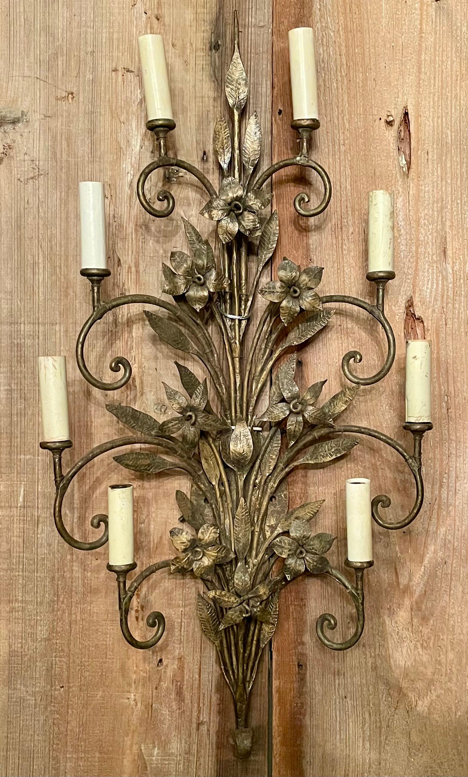 Pair of antique wrought iron wall lights, circa 1910-1920.