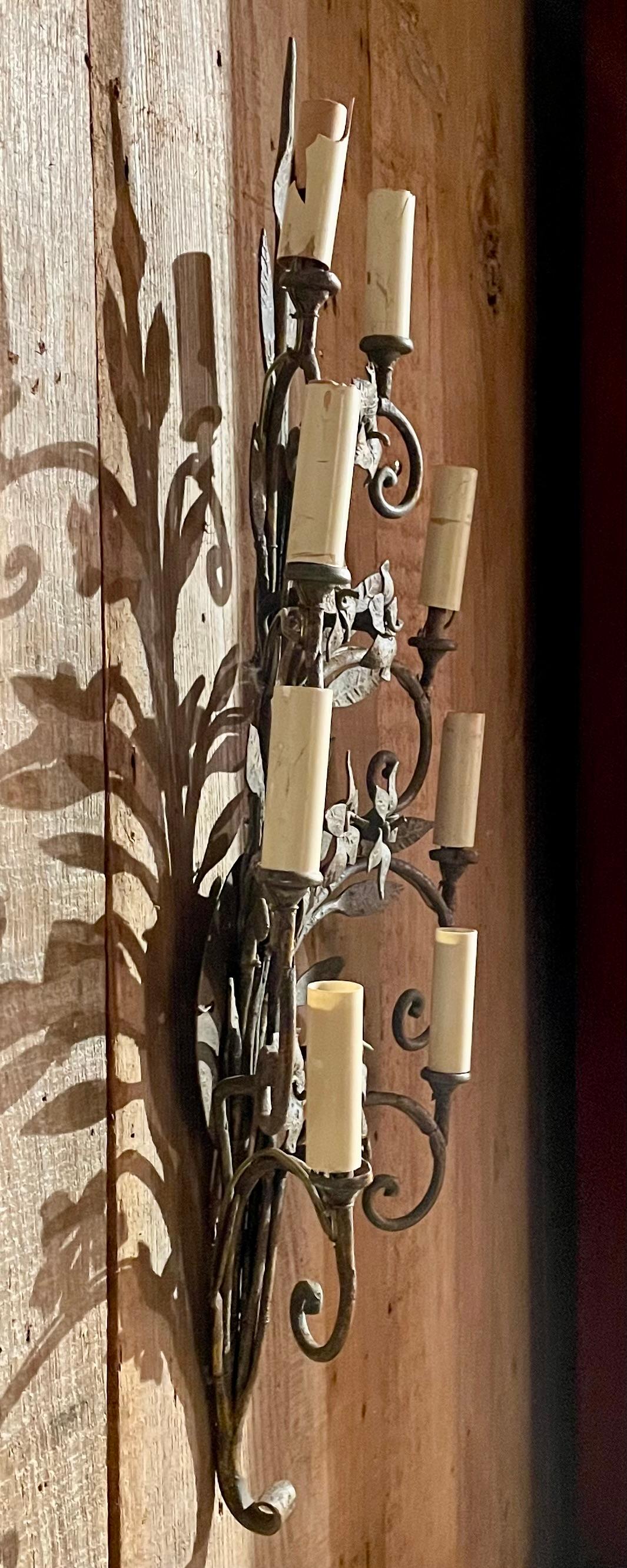 Pair Antique Wrought Iron Wall Lights, Circa 1910-1920. For Sale 3