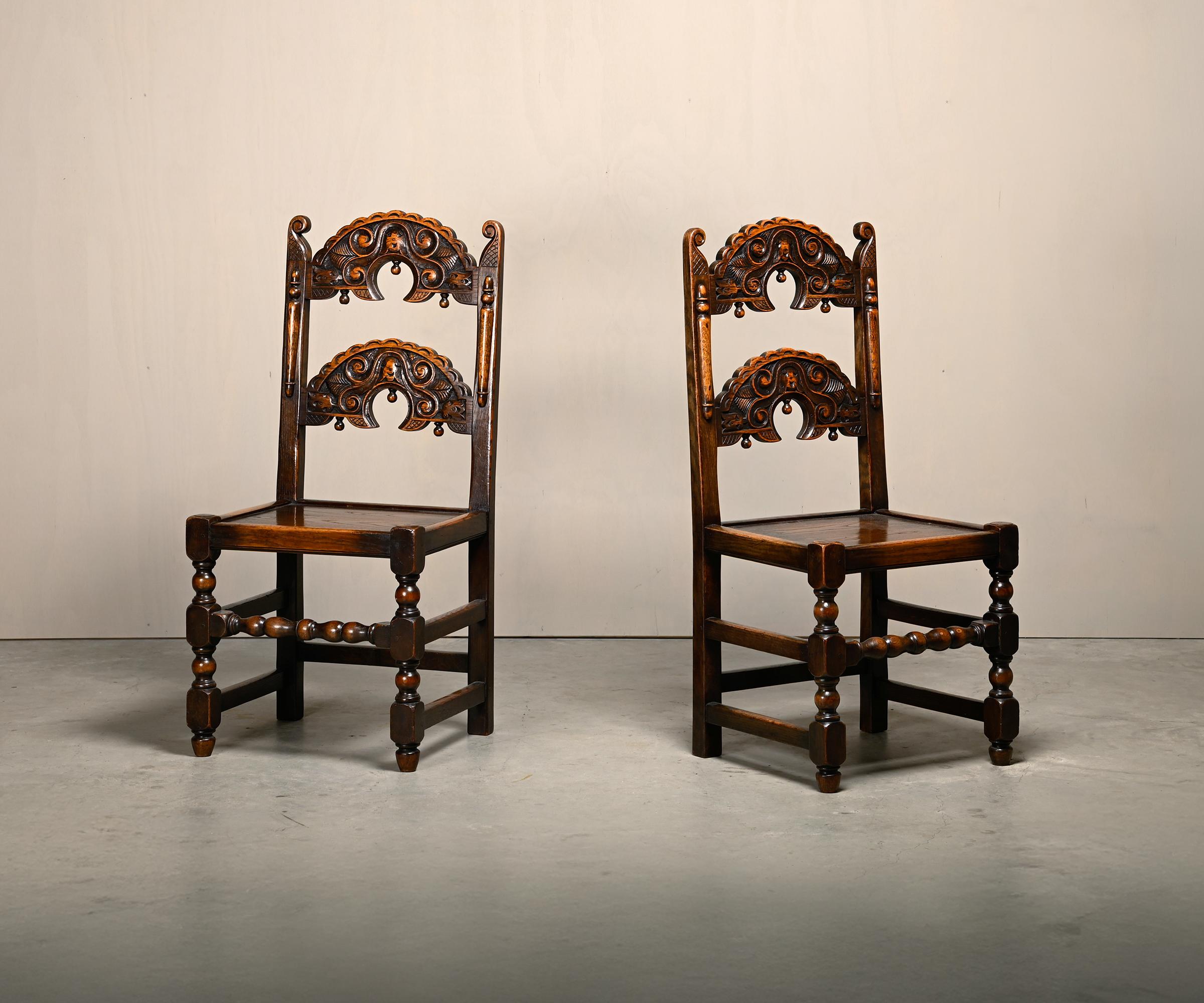 English Pair Antique Yorkshire Back Stools / Side Chairs solid Oak, England 18th Century For Sale