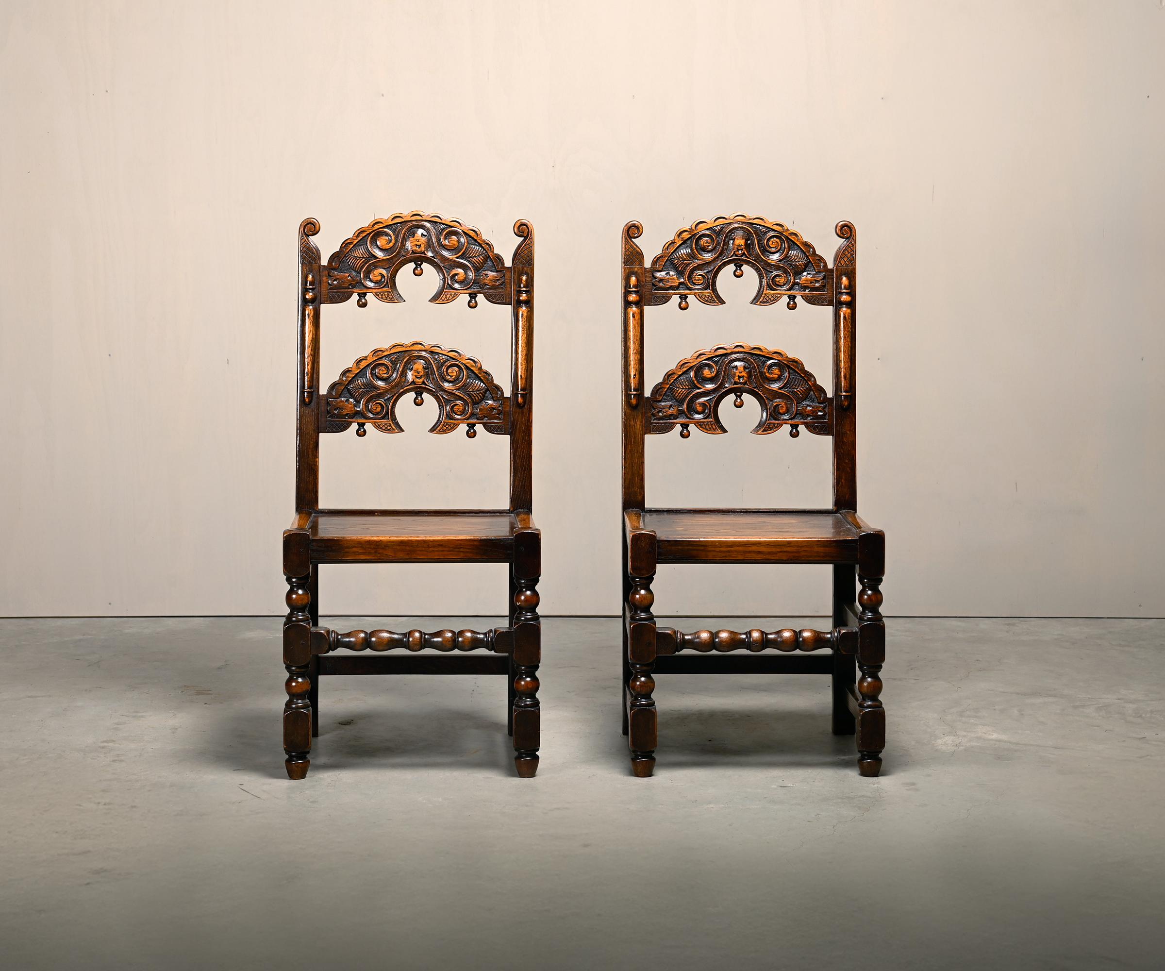 Hand-Carved Pair Antique Yorkshire Back Stools / Side Chairs solid Oak, England 18th Century For Sale