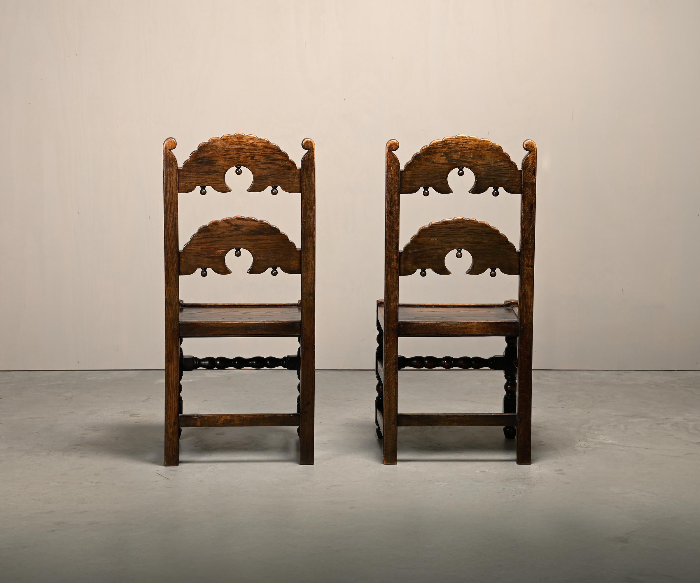 18th Century and Earlier Pair Antique Yorkshire Back Stools / Side Chairs solid Oak, England 18th Century For Sale