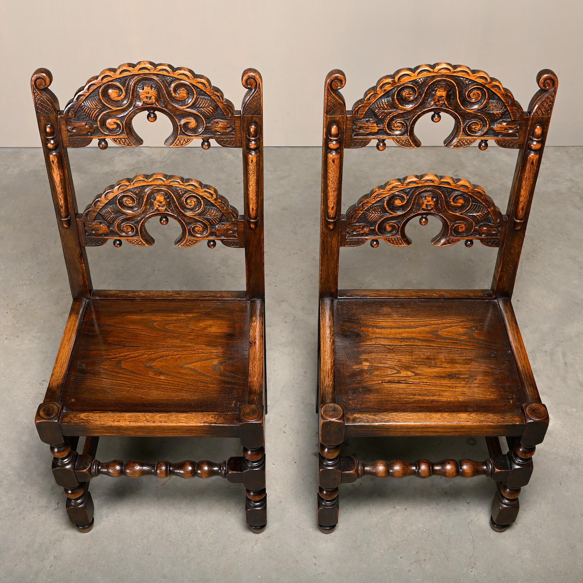 Pair Antique Yorkshire Back Stools / Side Chairs solid Oak, England 18th Century For Sale 1