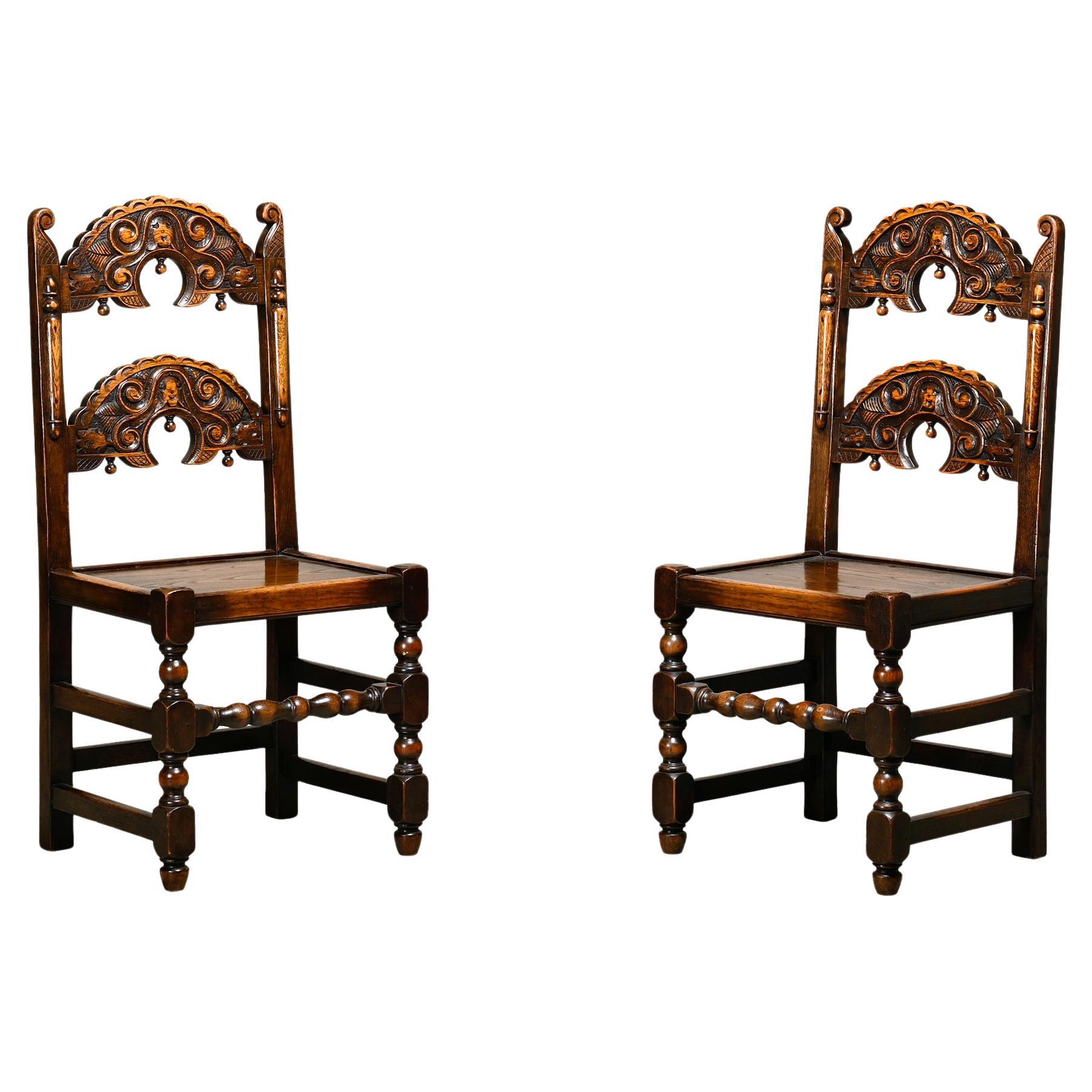 Pair Antique Yorkshire Back Stools / Side Chairs solid Oak, England 18th Century