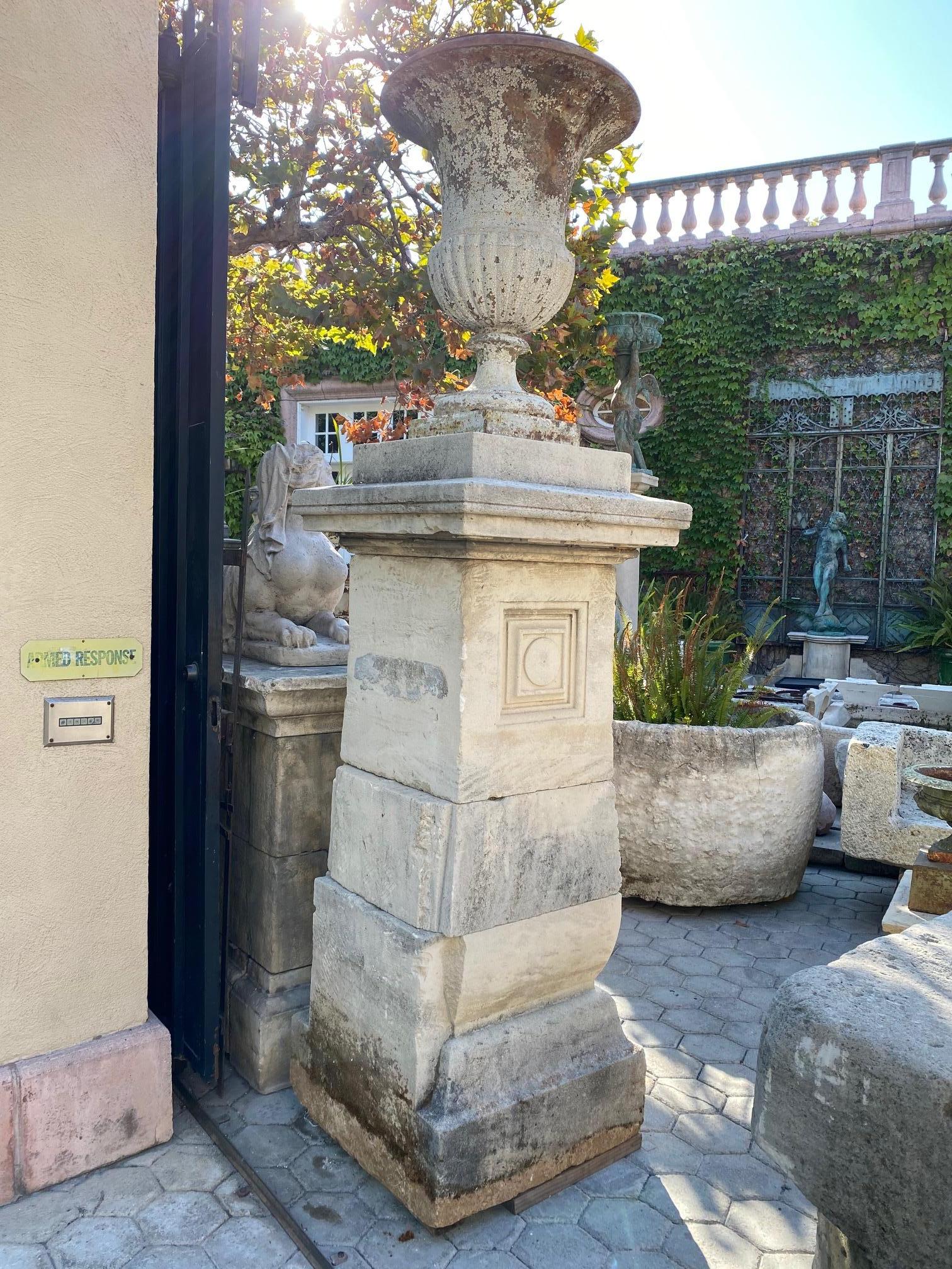 Antiques Hand Carved Stone Pillars Columns Posts Base Pedestal & Urn Vases, Pair 1