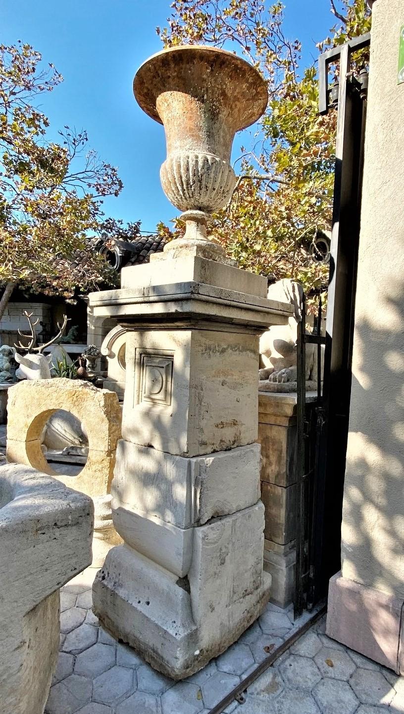 18th Century Antiques Hand Carved Stone Pillars Columns Posts Base Pedestal & Urn Vases, Pair