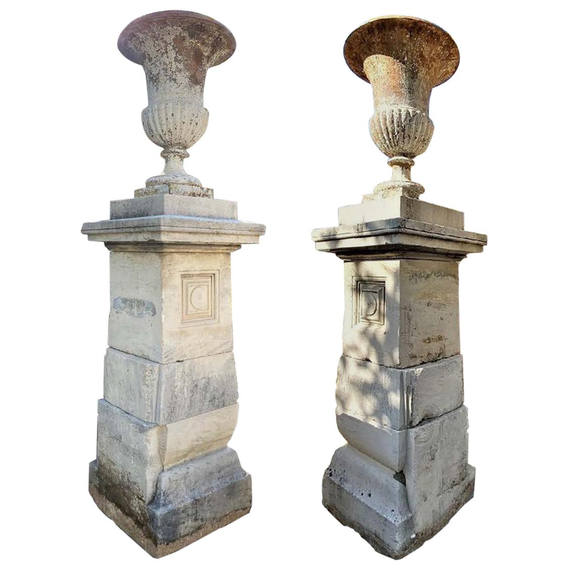 Antiques Hand Carved Stone Pillars Columns Posts Base Pedestal & Urn Vases, Pair