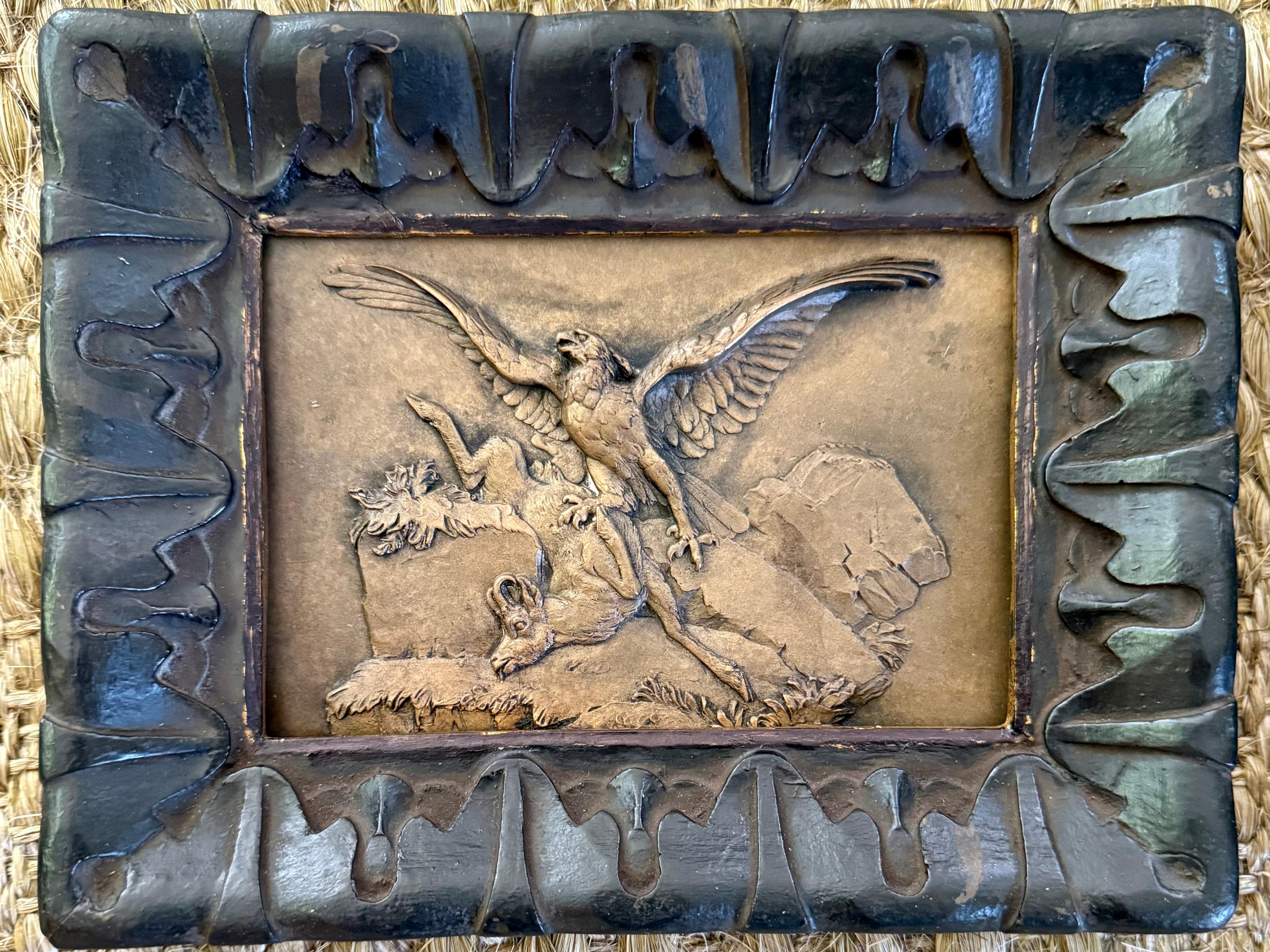 Pair Antoine-Louis Barye Eagle Plaques. Pair French bronze Barye plaques depicting eagles on the hunt, one with serpent and one with chamois in ebonized continental frames in the collection of Metropolitan Museum. Markings for Eck et Durand Foundry.