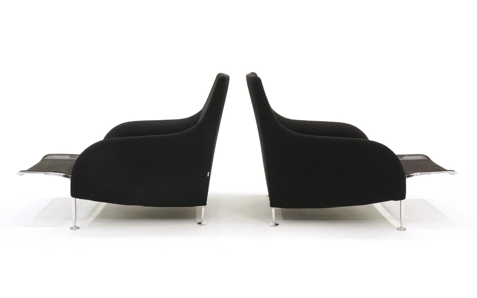 Italian Pair of Antonio Citterio Chairs with Pull Out Footrest, Black with Chrome Legs