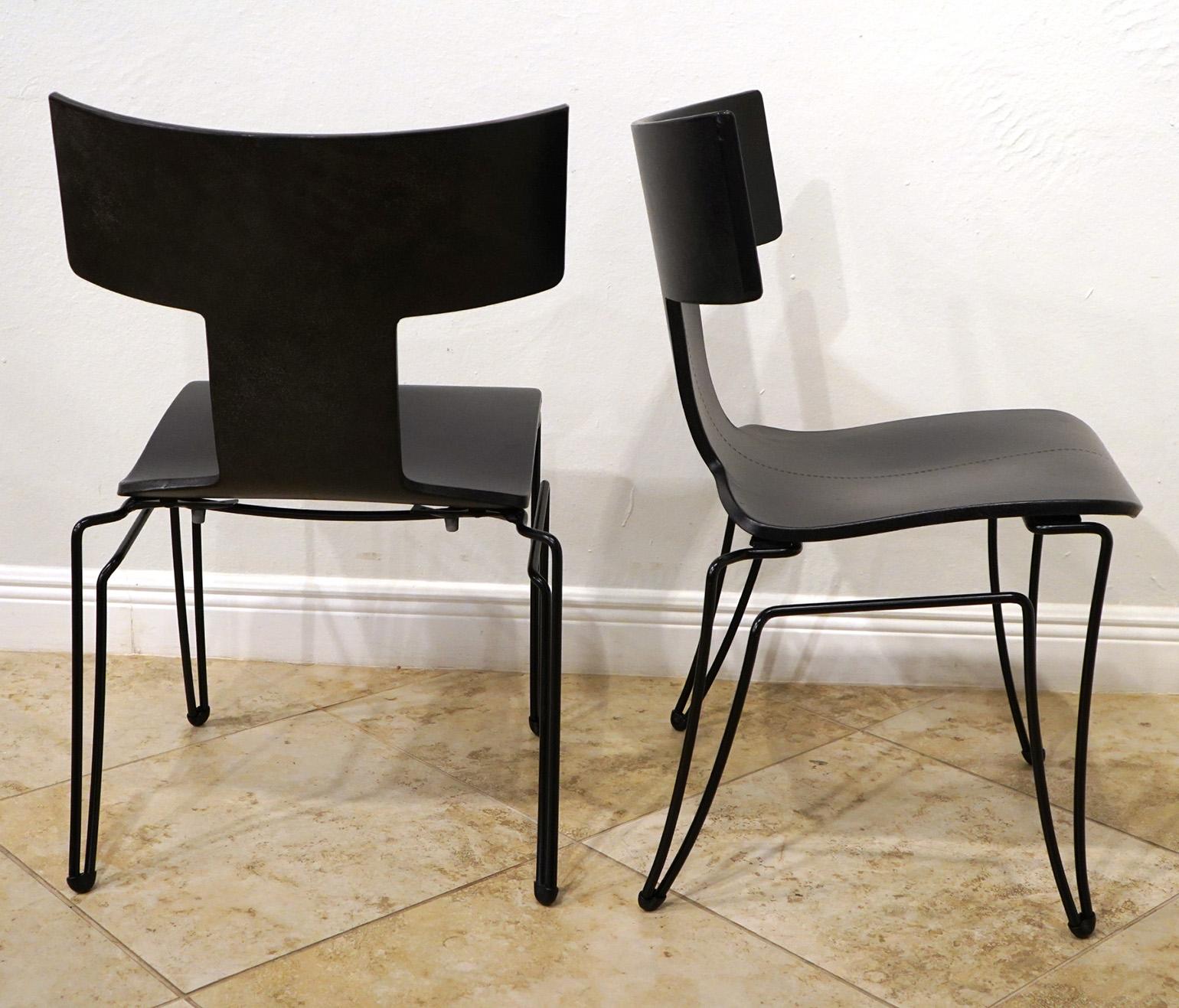 Pair 'Anziano Klismos' Dining Chairs by John Hutton for Donghia in Black Leather In Excellent Condition In Ft. Lauderdale, FL