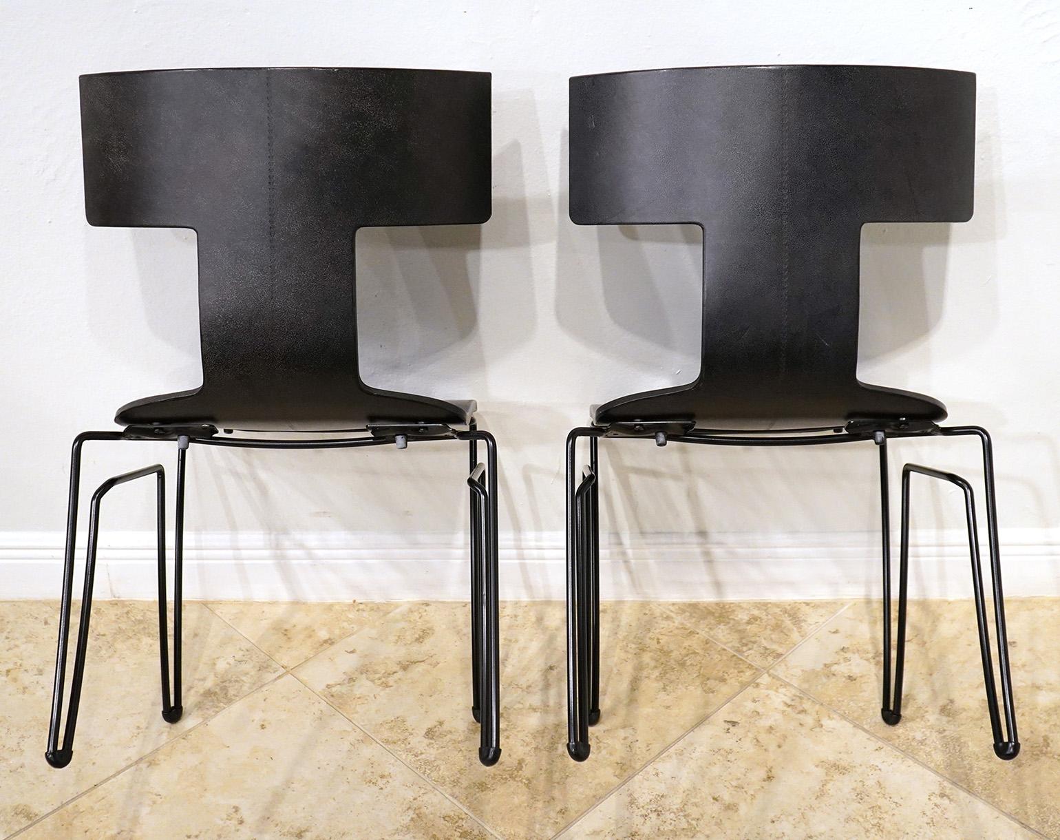 Contemporary Pair 'Anziano Klismos' Dining Chairs by John Hutton for Donghia in Black Leather