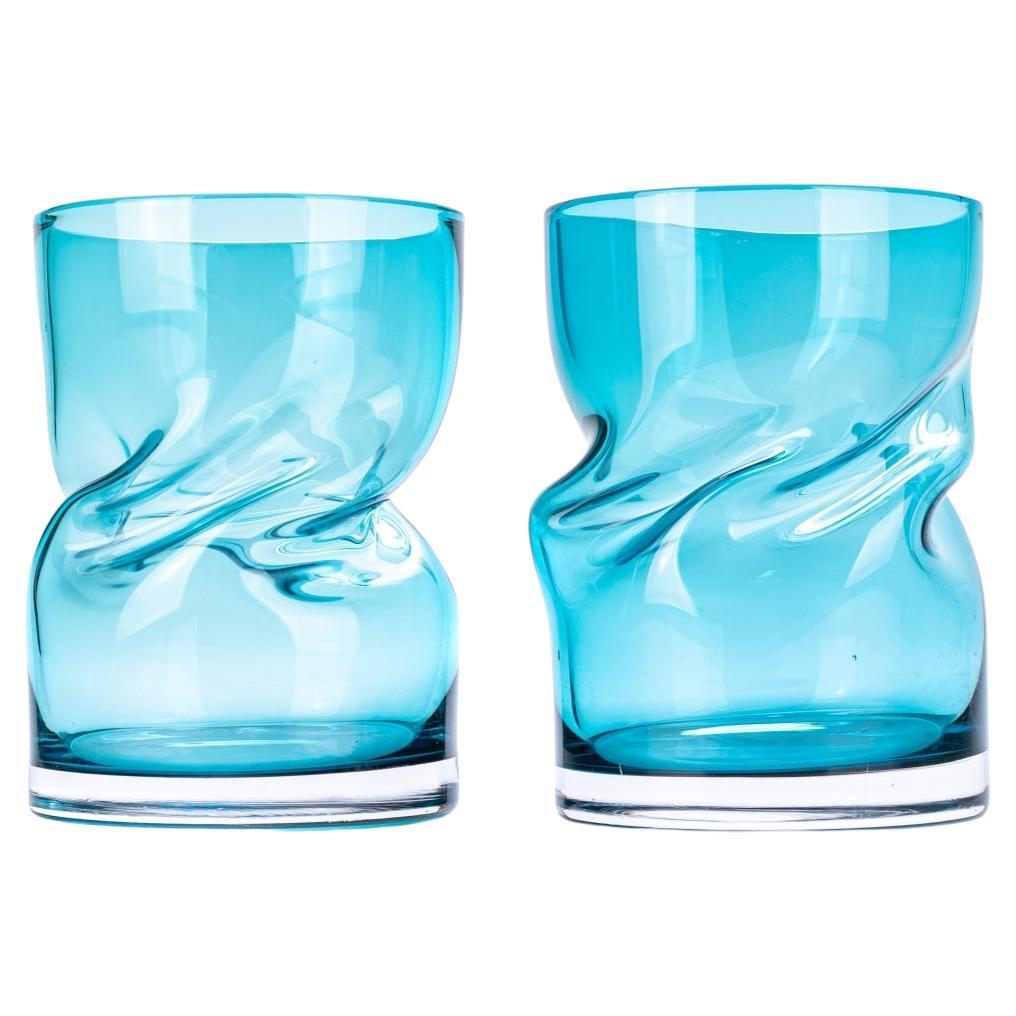 Pair Aqua Art Glass Vases For Sale