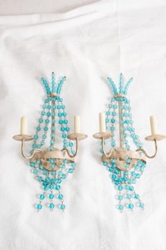 Hollywood Regency Silvertone Sconces with Aqua Glass Balls, USA, 1980s