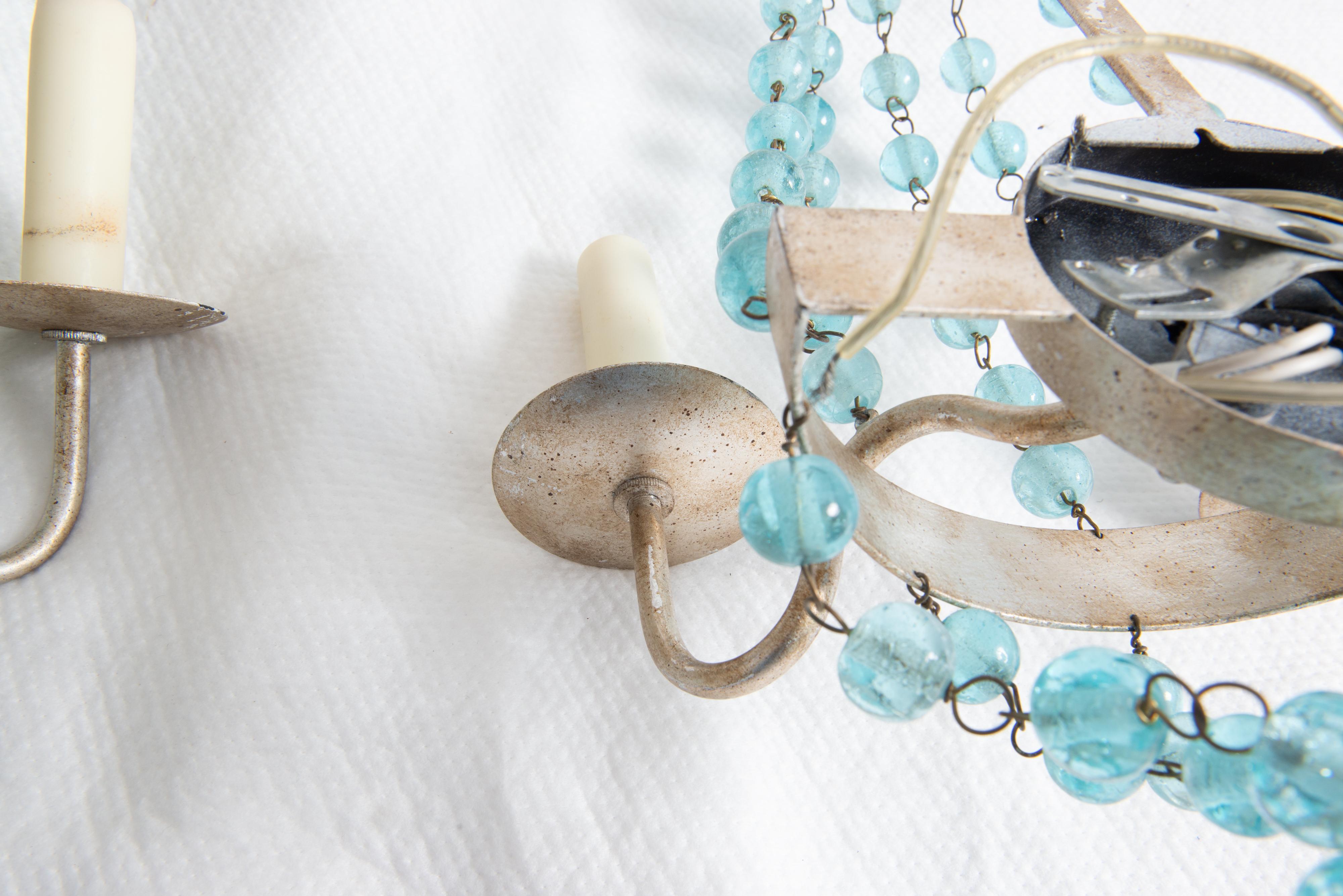 Hollywood Regency Paire d'appliques en verre Aqua Ball and Ball Silvertone en vente