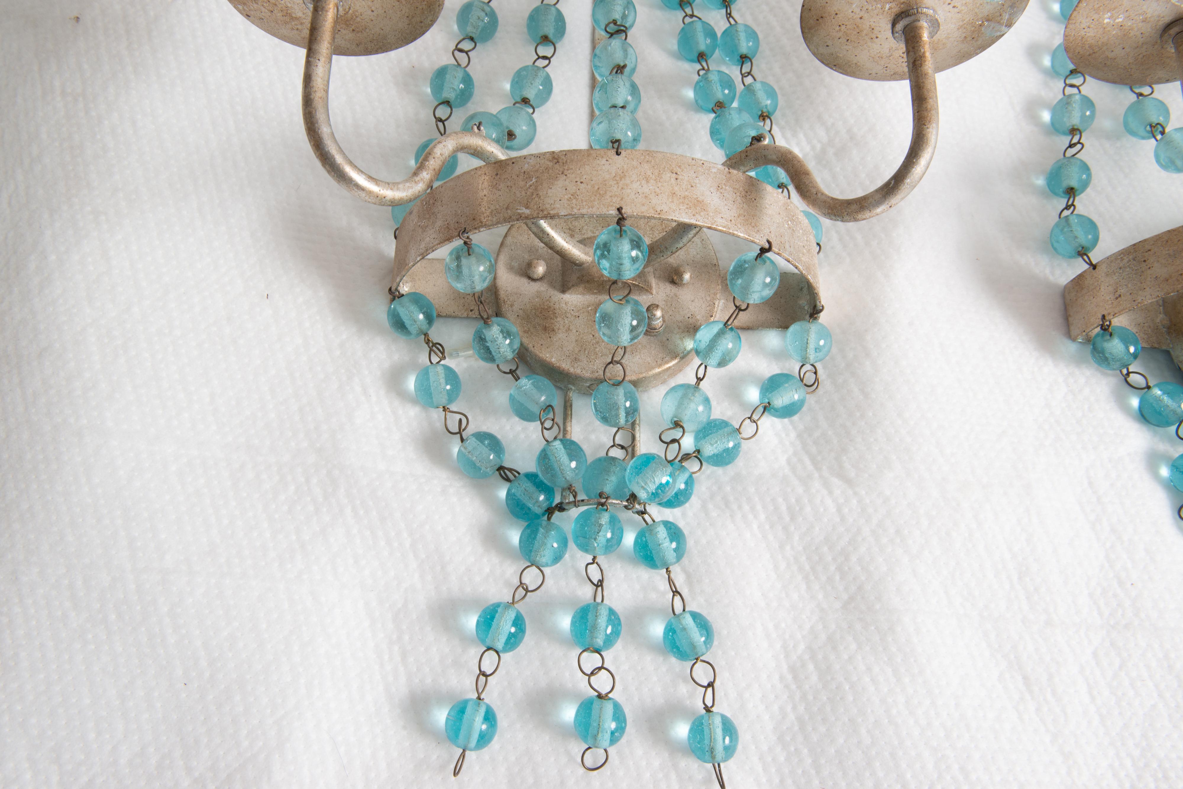 Américain Paire d'appliques en verre Aqua Ball and Ball Silvertone en vente