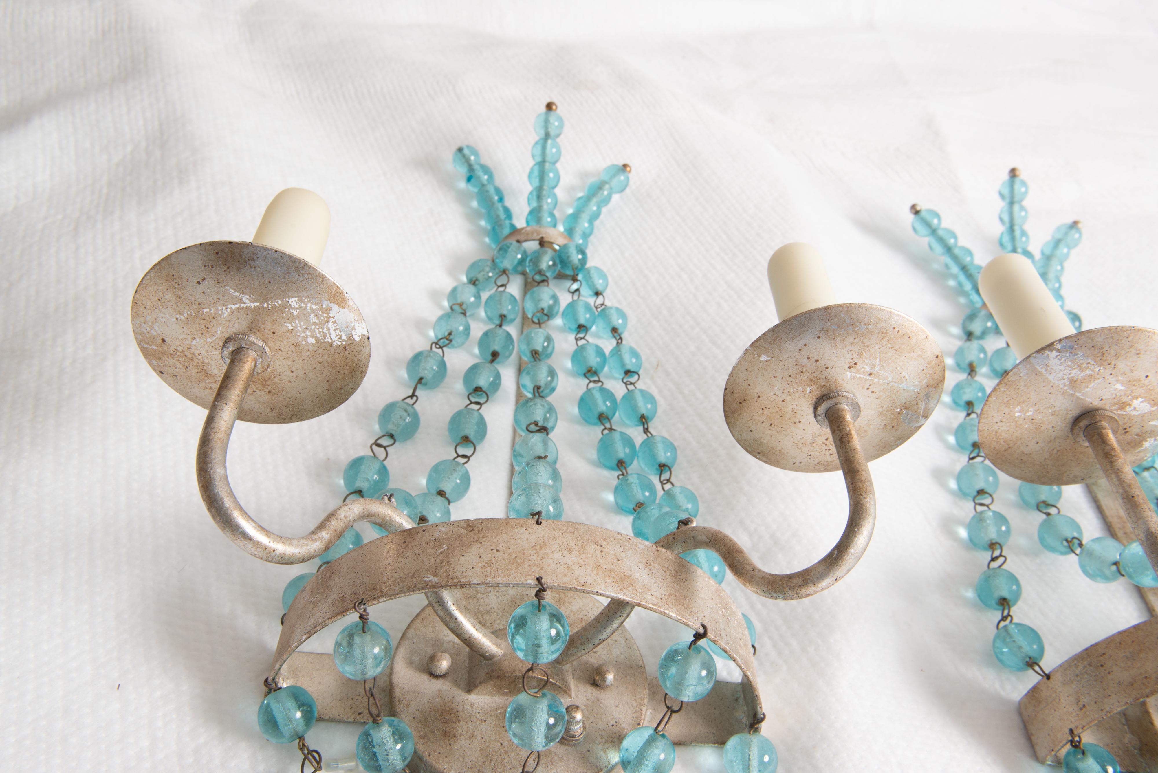 Paire d'appliques en verre Aqua Ball and Ball Silvertone Bon état - En vente à Stamford, CT