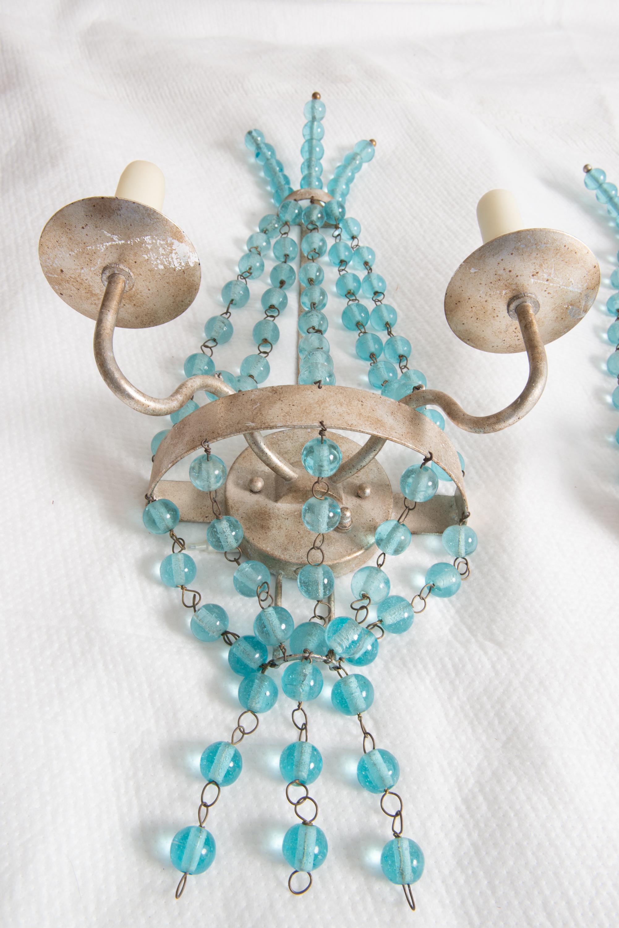 20ième siècle Paire d'appliques en verre Aqua Ball and Ball Silvertone en vente