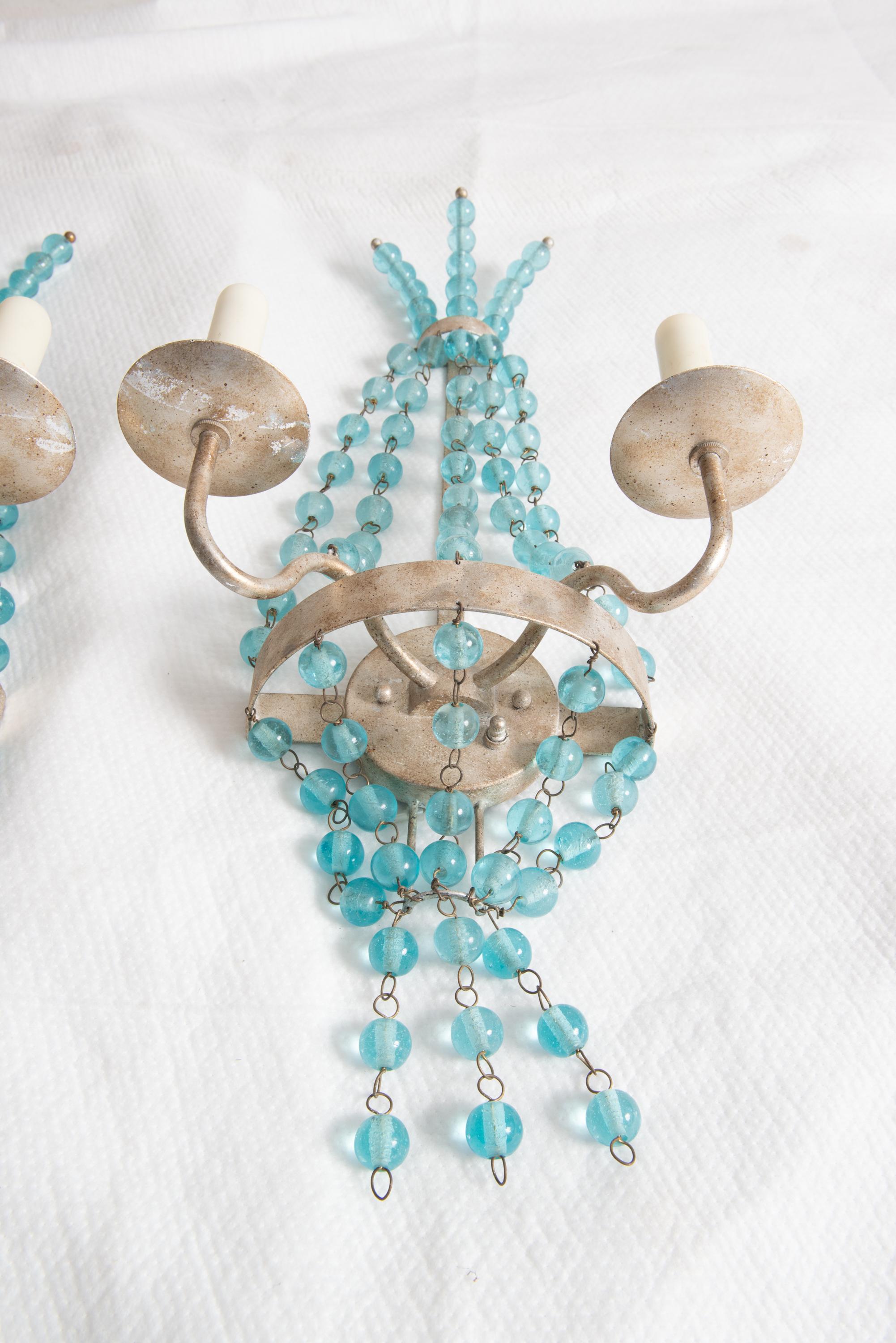 Métal Paire d'appliques en verre Aqua Ball and Ball Silvertone en vente