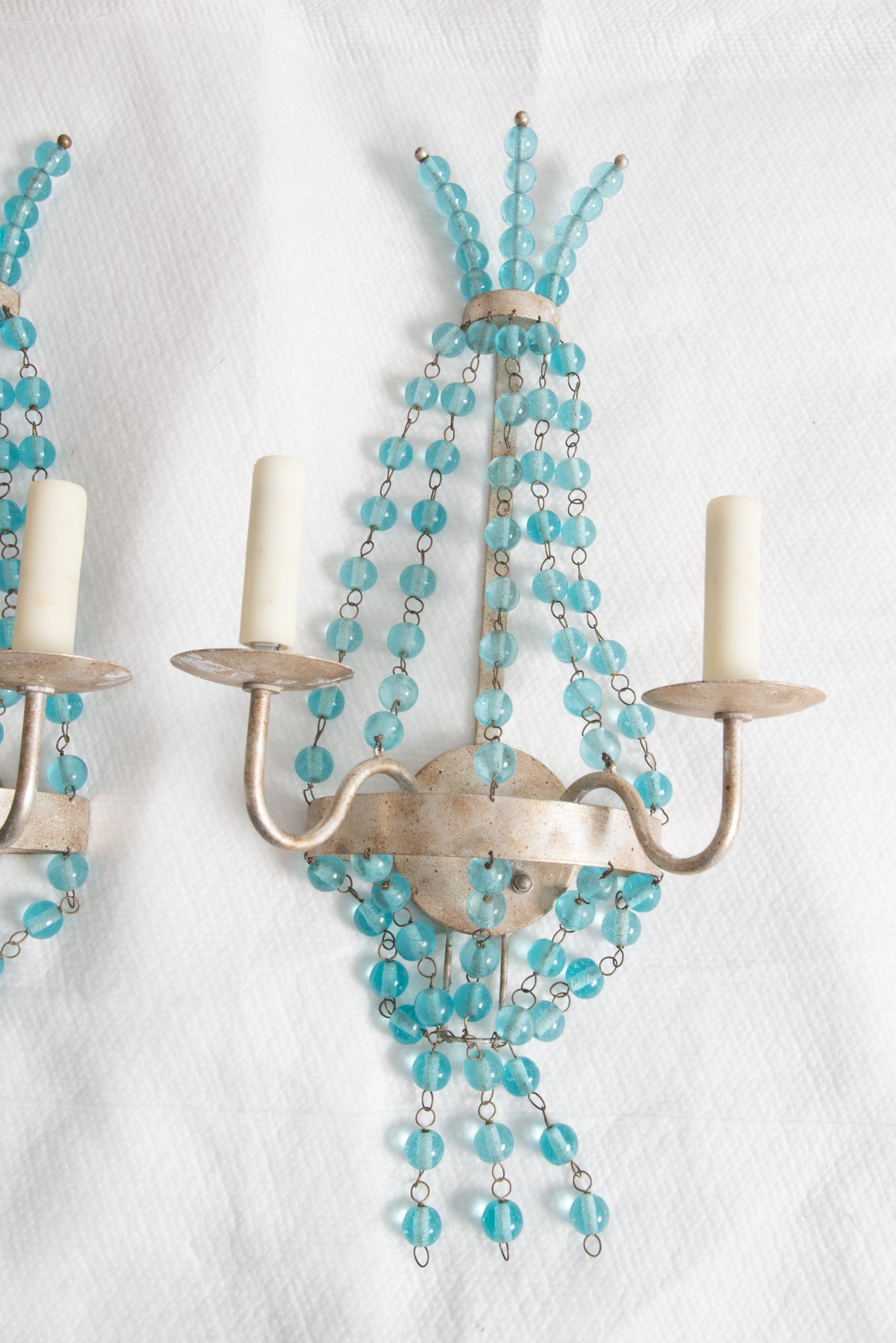 Paire d'appliques en verre Aqua Ball and Ball Silvertone en vente 1