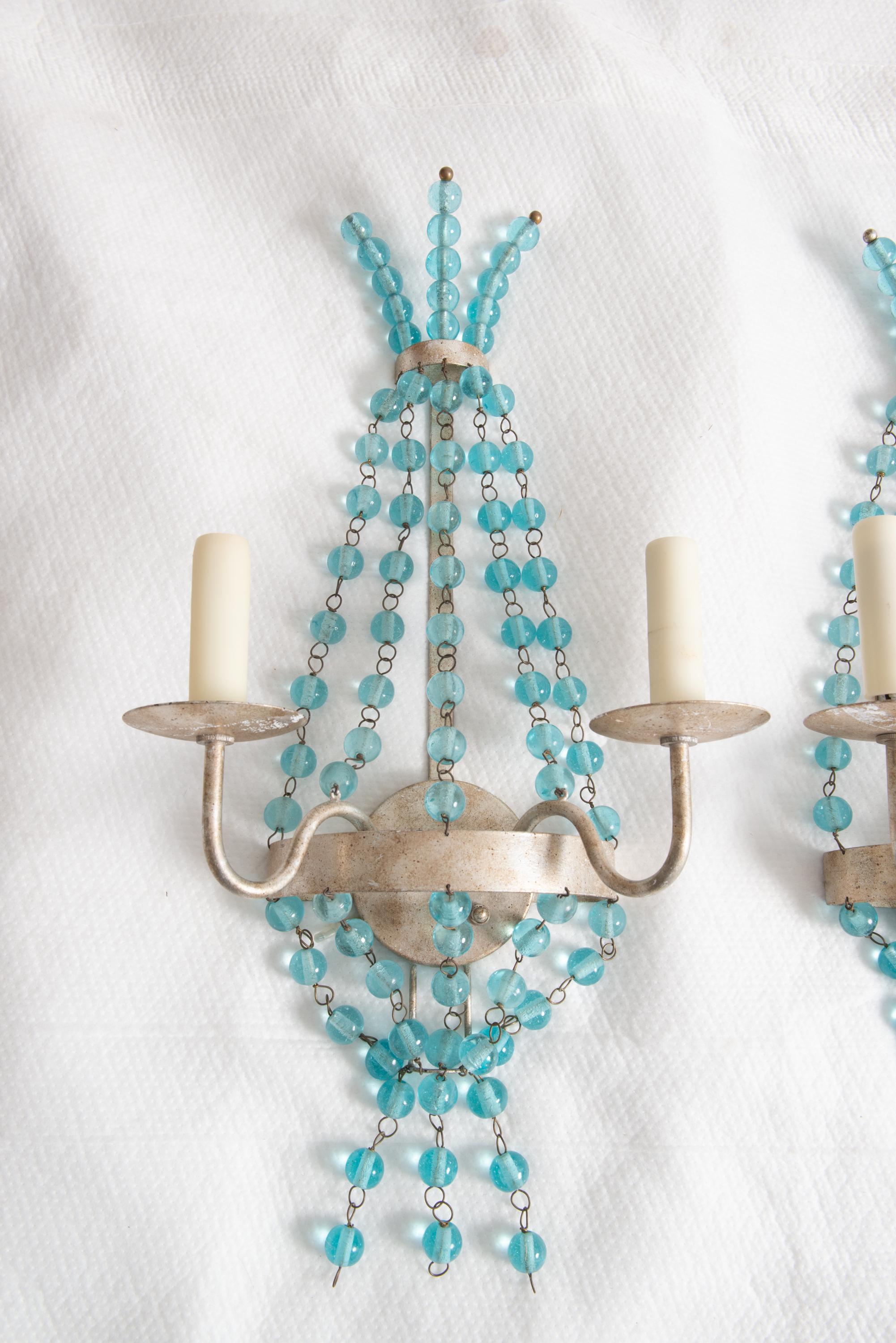 Paire d'appliques en verre Aqua Ball and Ball Silvertone en vente 2
