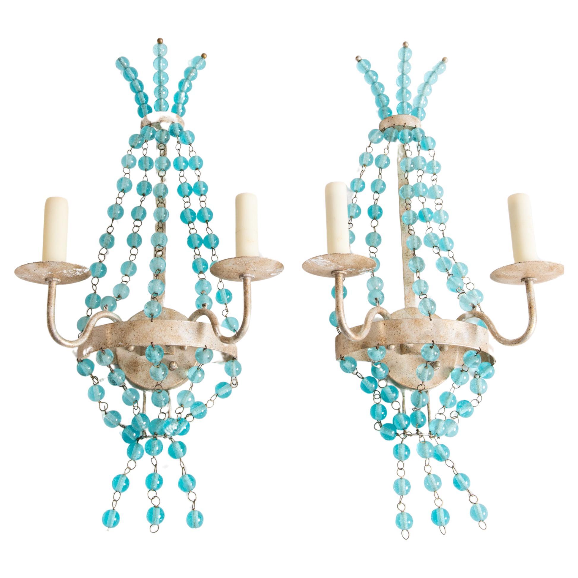 Pair Aqua Glass Ball Silvertone Sconces