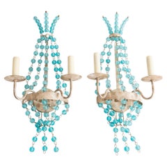 Pair Aqua Glass Ball Silvertone Sconces