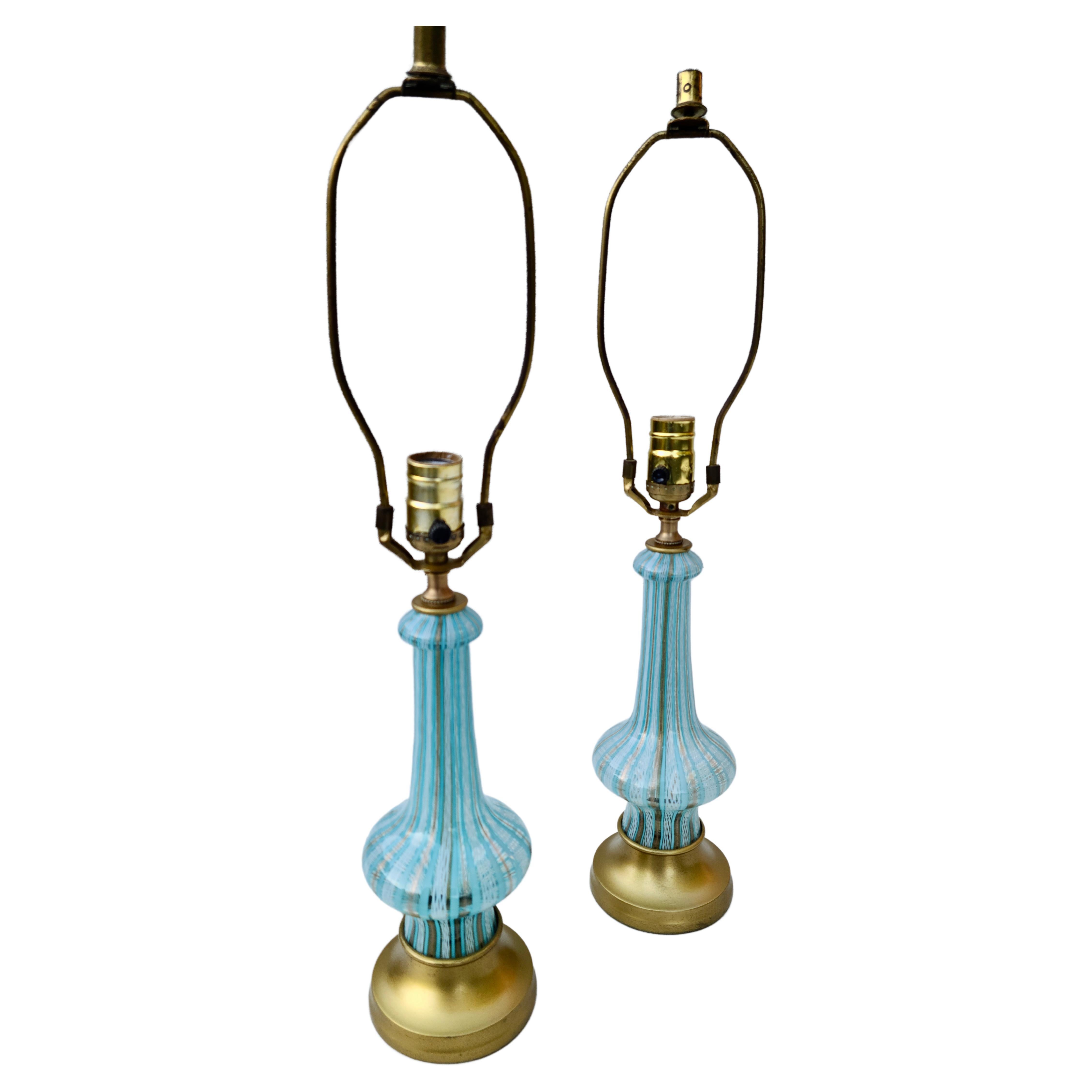 Pair Aqua Gold and White Murano Lamps  For Sale 7