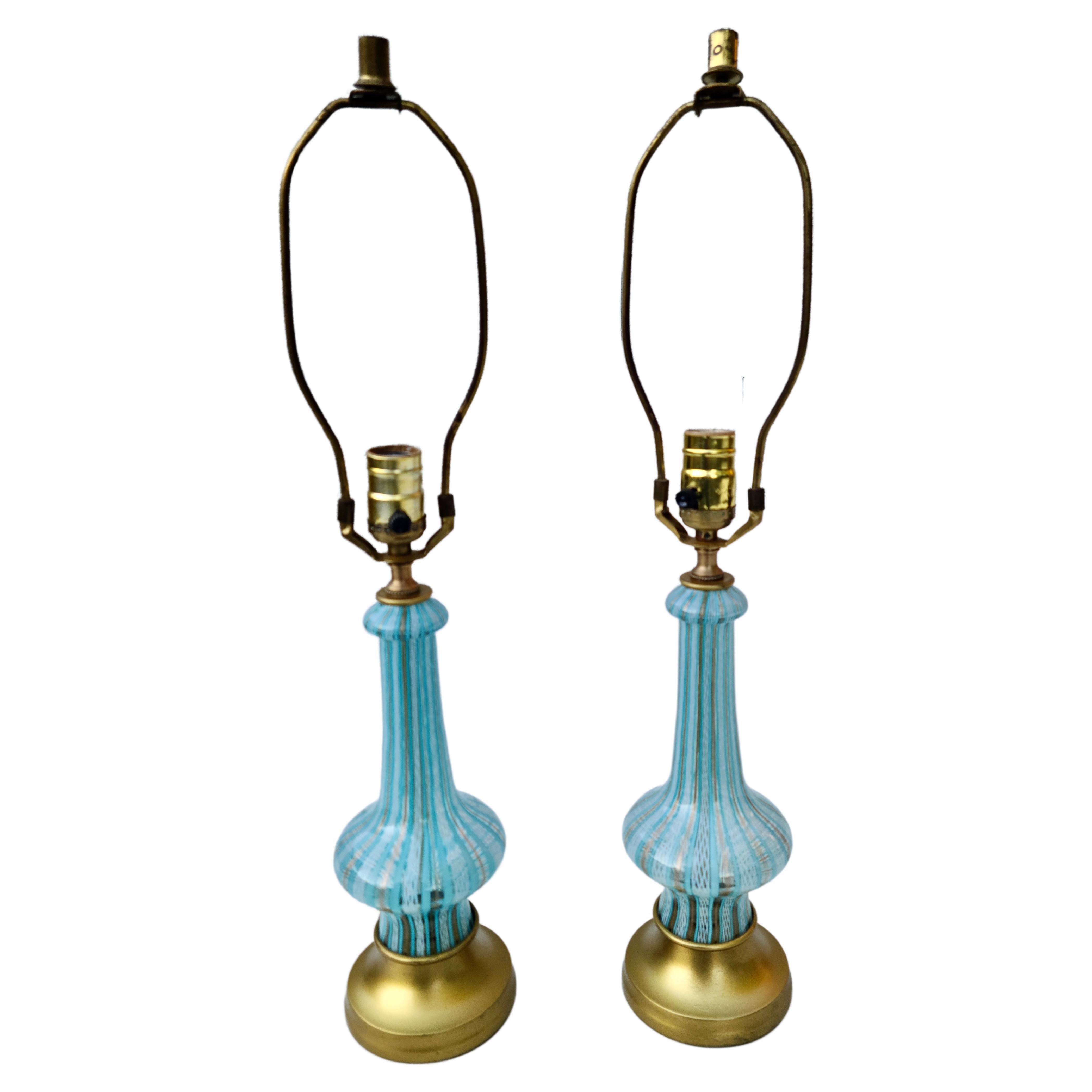 Pair Aqua Gold and White Murano Lamps  For Sale 8