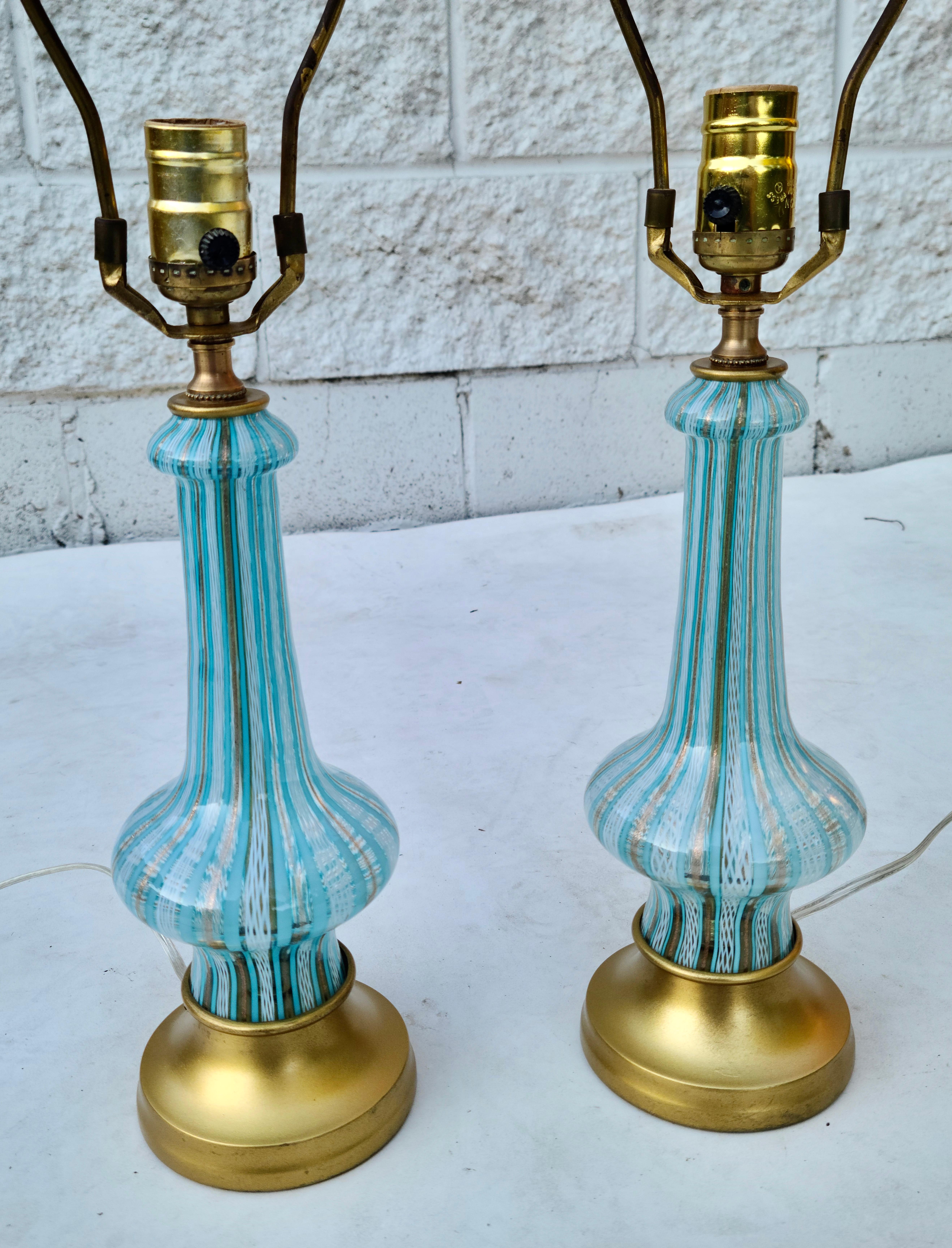 Pair Aqua Gold and White Murano Lamps  For Sale 9