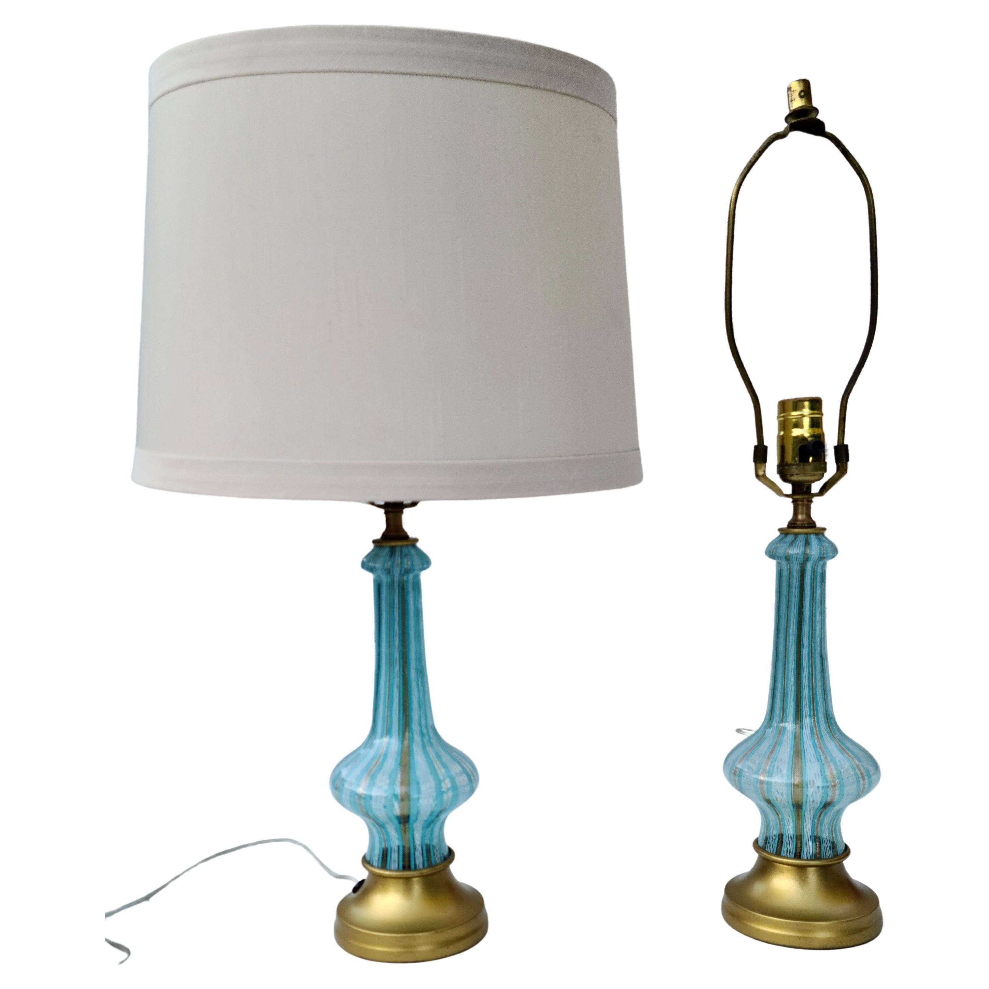 Pair Aqua Gold and White Murano Lamps  In Good Condition For Sale In Fraser, MI