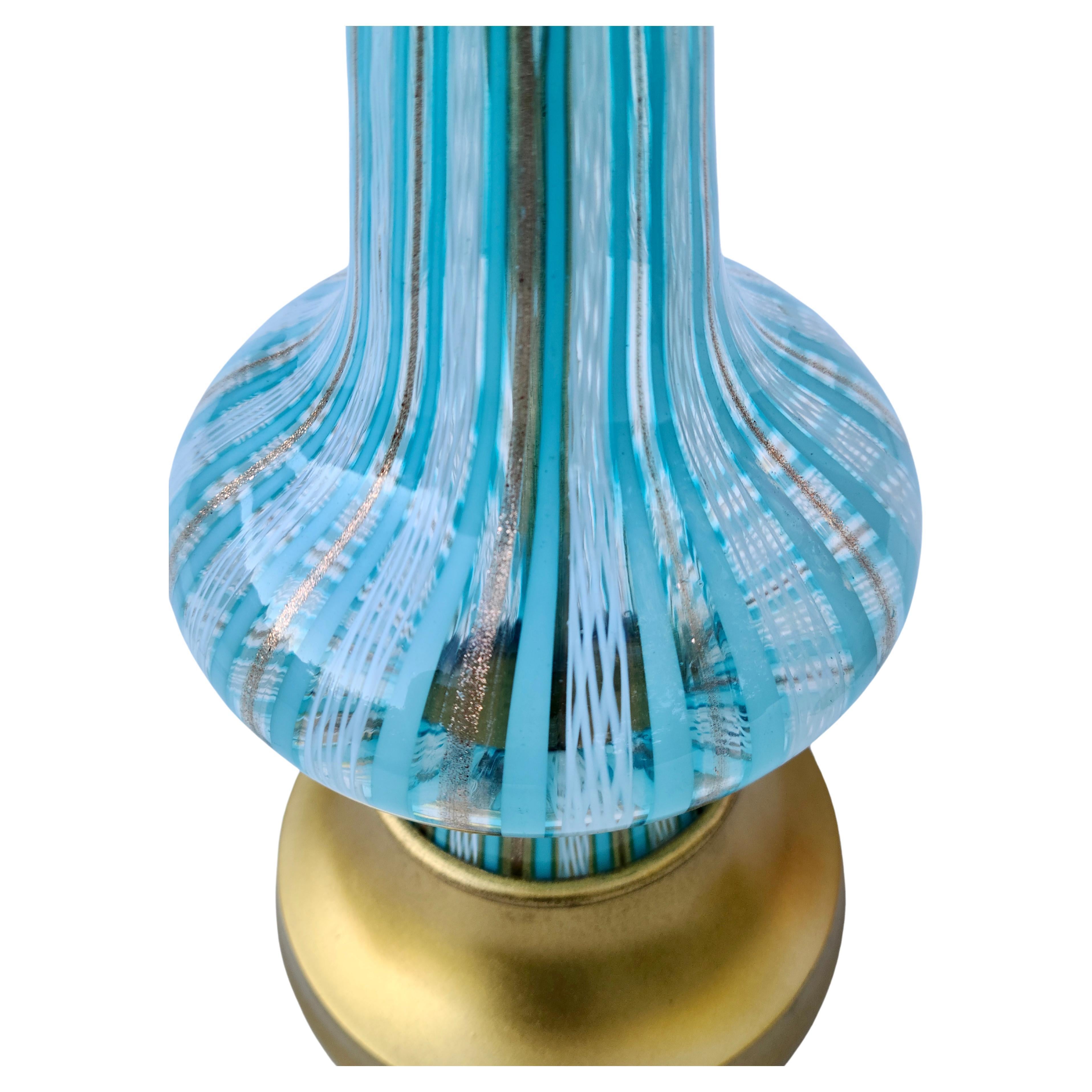 Brass Pair Aqua Gold and White Murano Lamps  For Sale