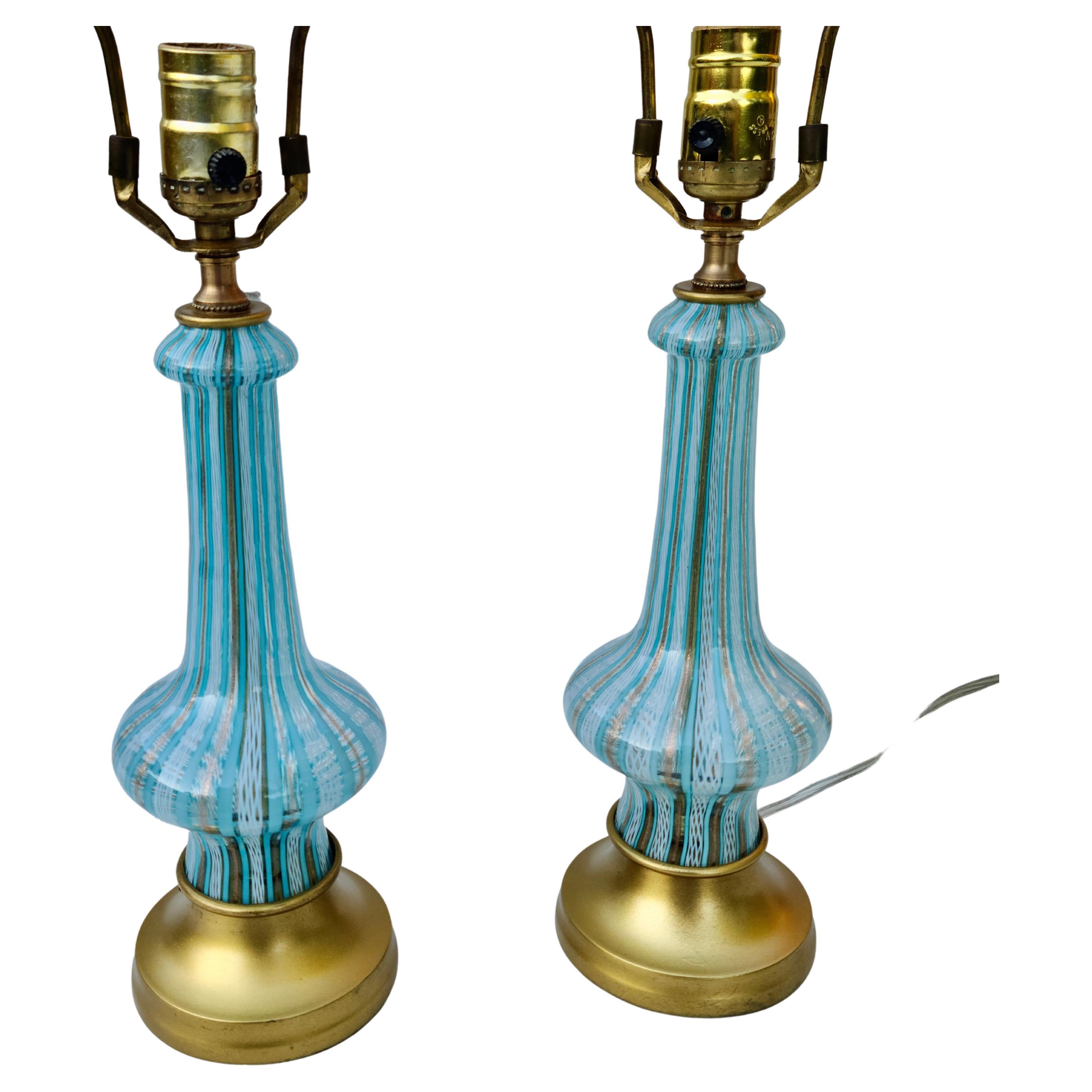 Pair Aqua Gold and White Murano Lamps 