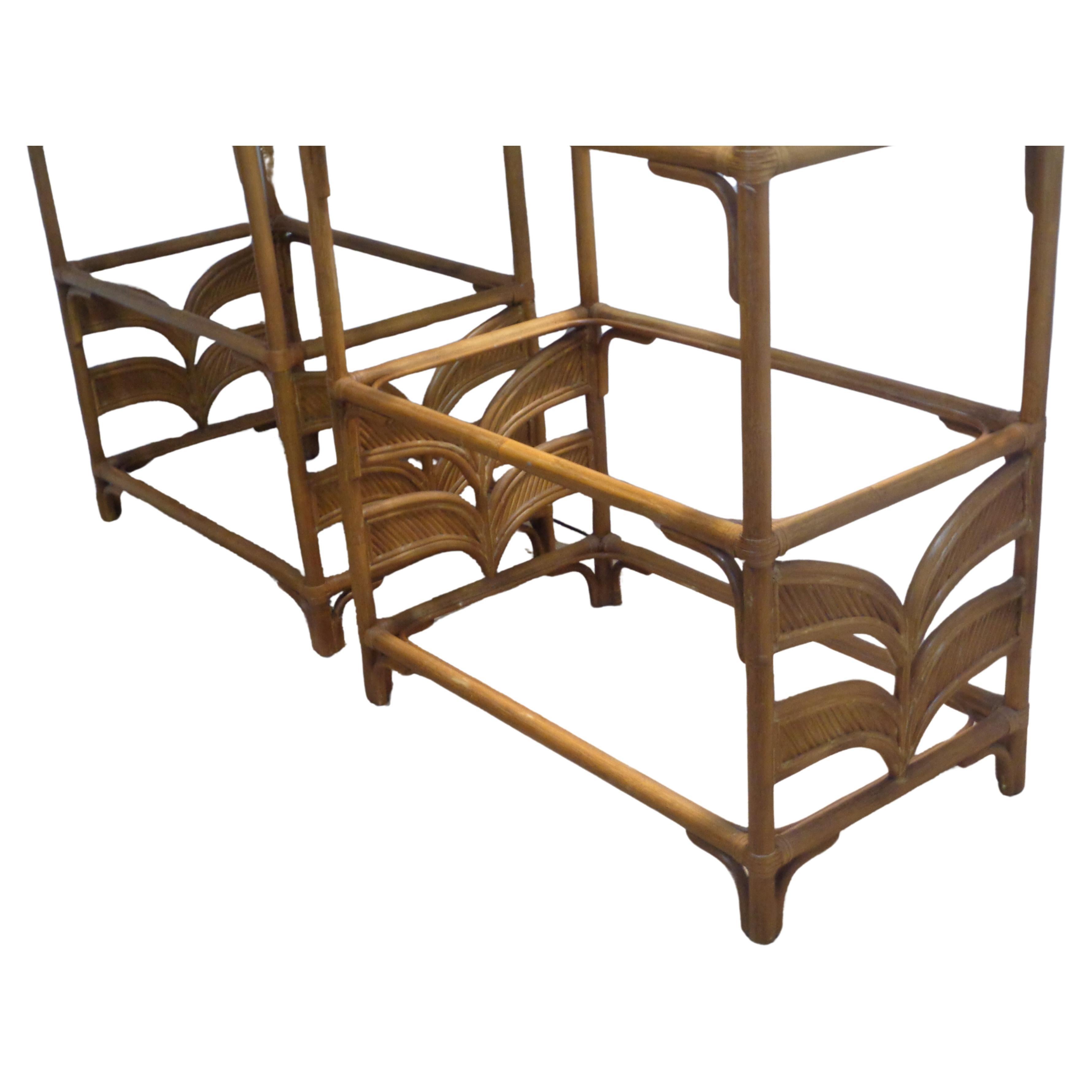 Pair Leather Wrapped Rattan Arch Top Etageres style of Gabriela Crespi, 1970's 7