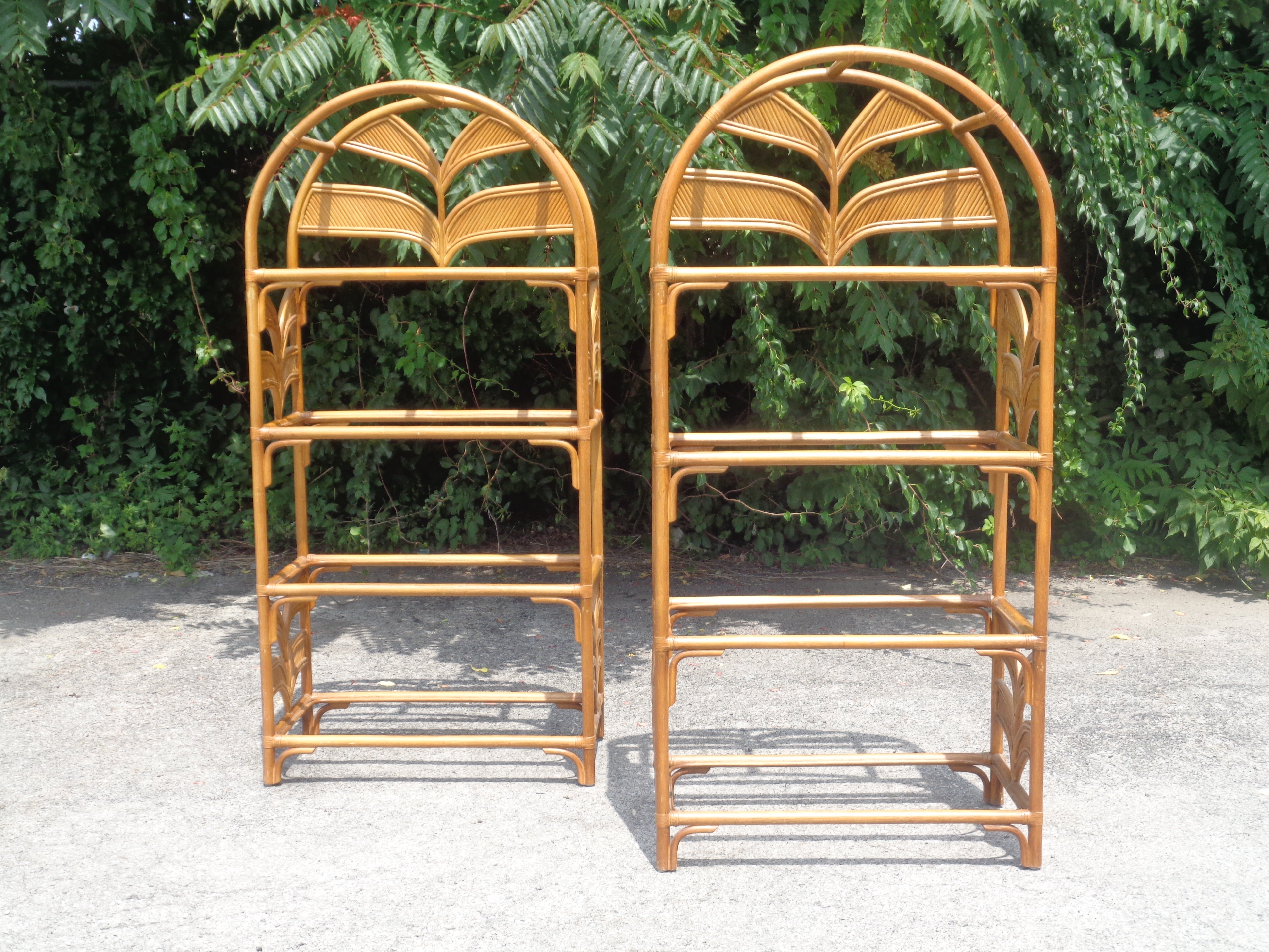 Pair Leather Wrapped Rattan Arch Top Etageres style of Gabriela Crespi, 1970's 8