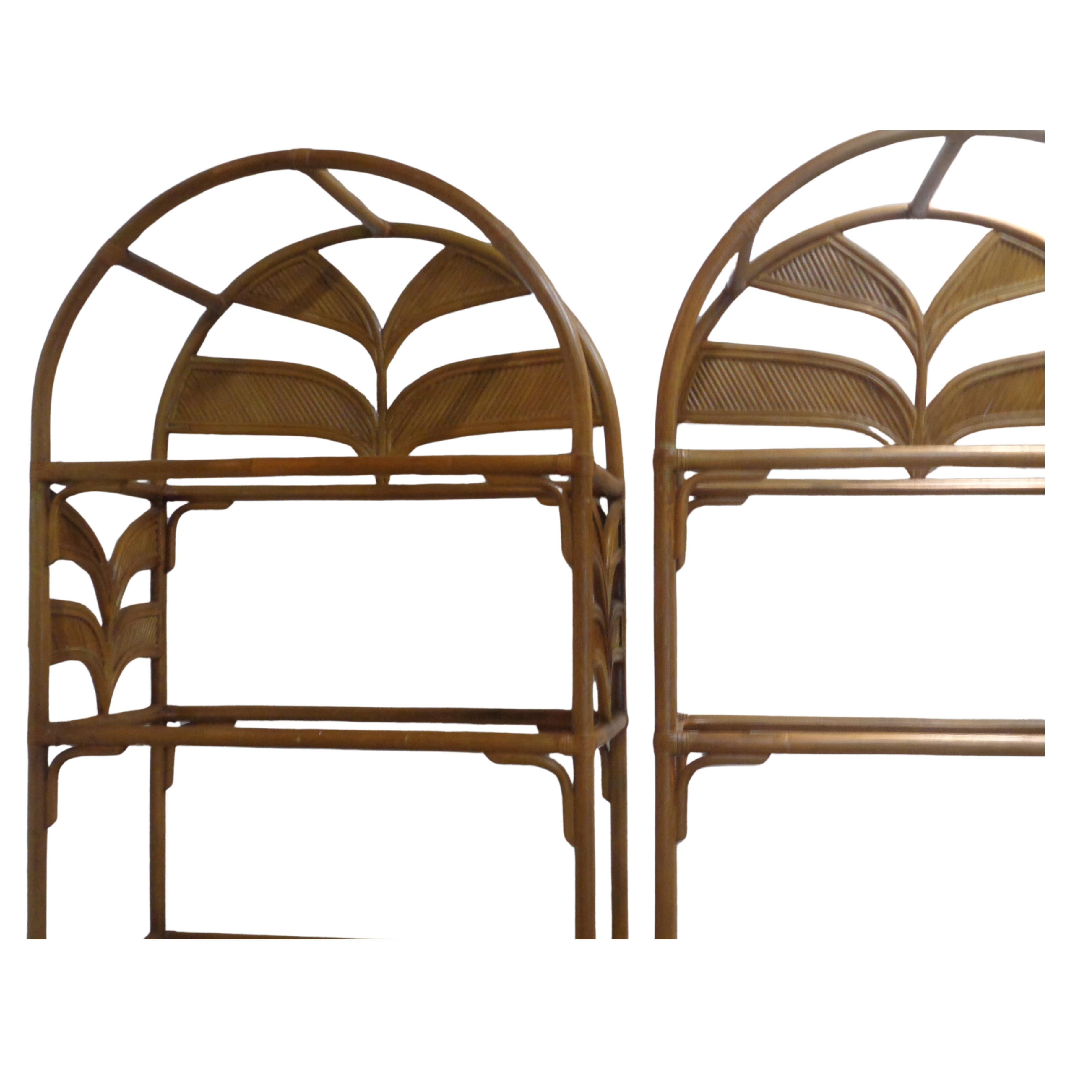 Organic Modern Pair Leather Wrapped Rattan Arch Top Etageres style of Gabriela Crespi, 1970's